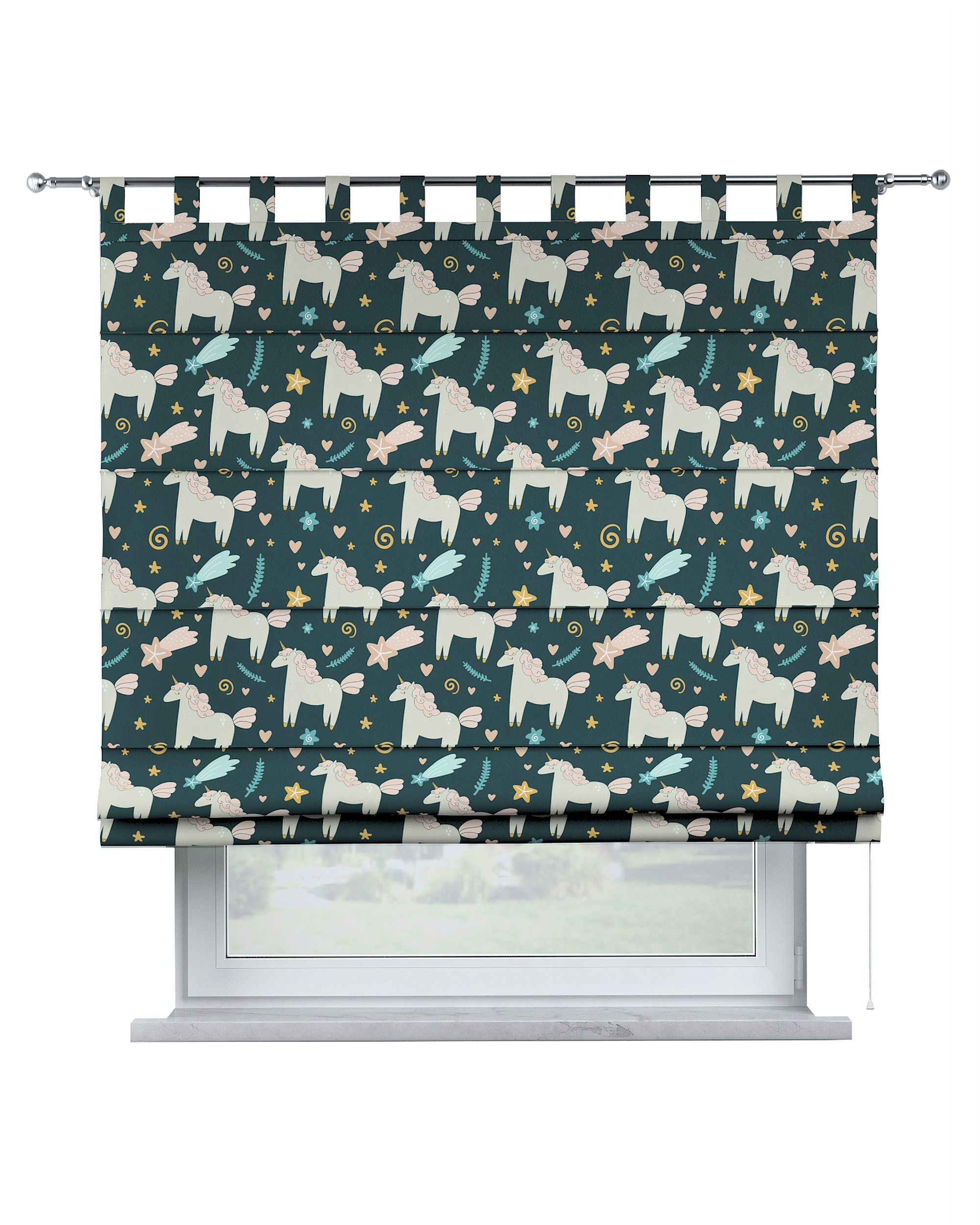 Verona tab top Roman blind product colour brown fabric patterned