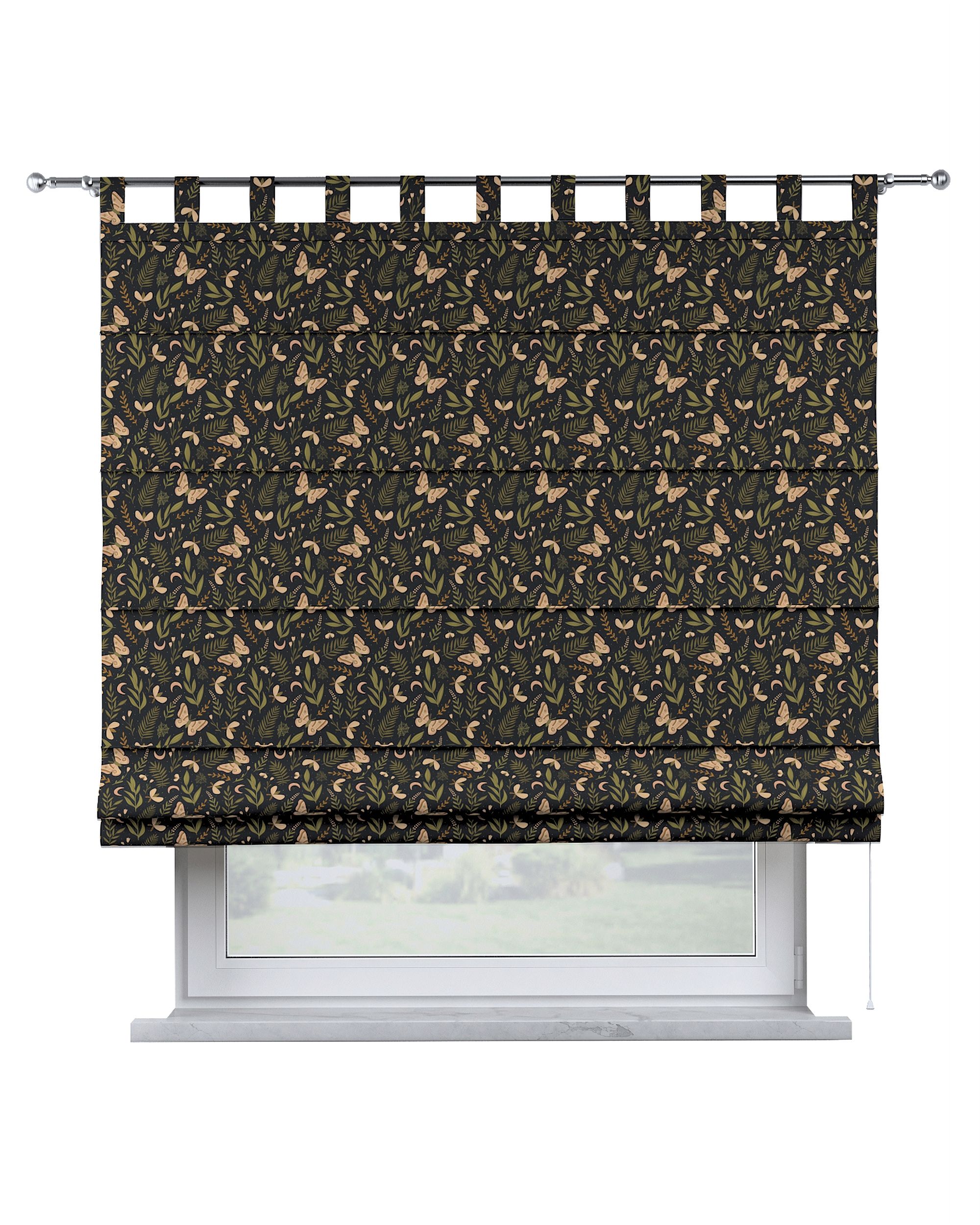Verona tab top Roman blind product colour black fabric patterned