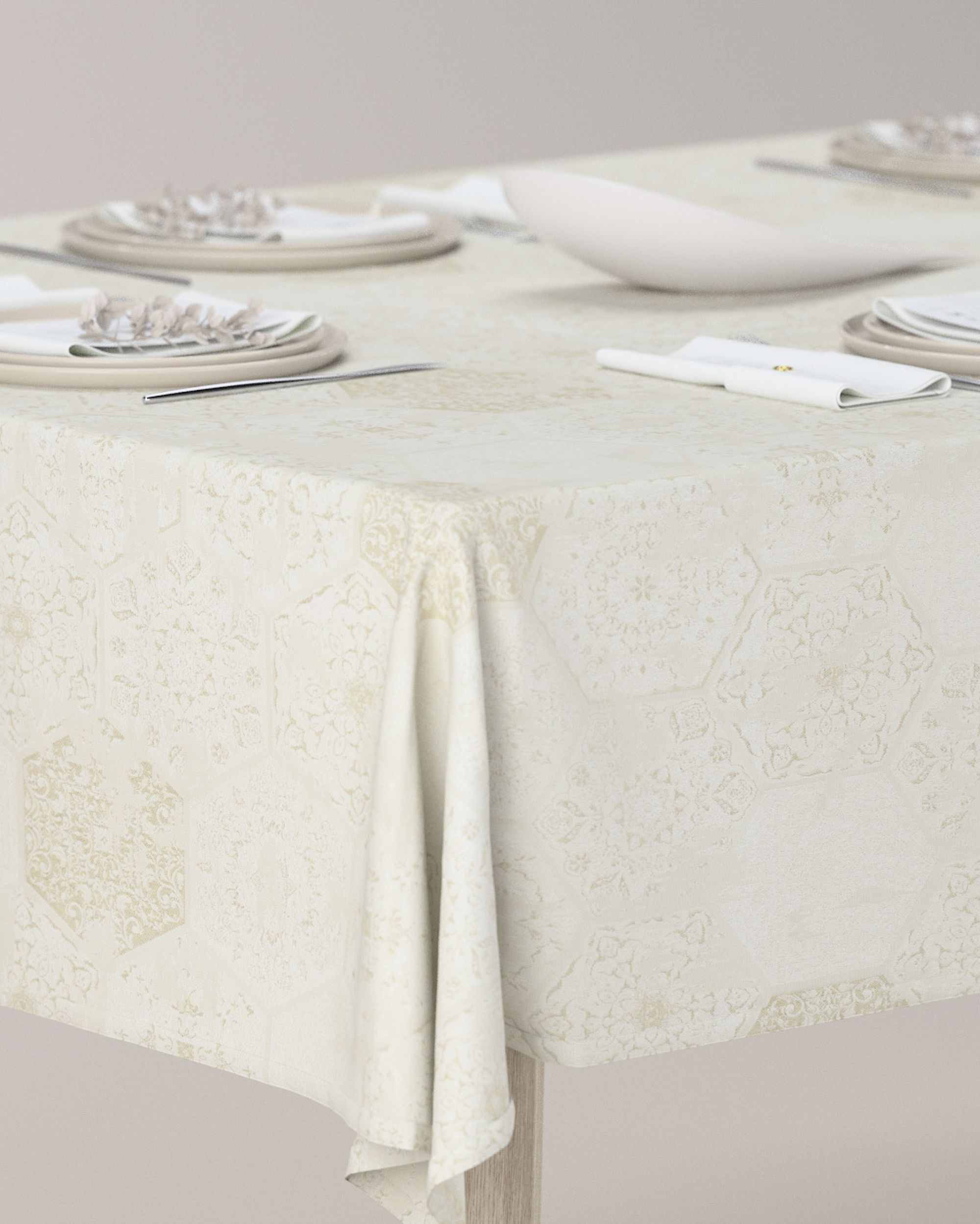 Rectangular tablecloth product colour cream fabric gloss, structured, patterned (hover)