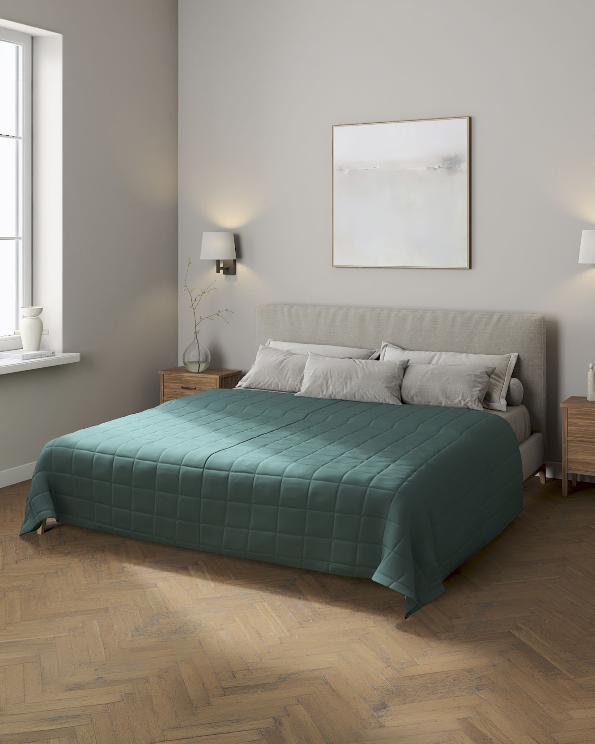 Check quilted throw product colour green fabric semi-sheer, structured