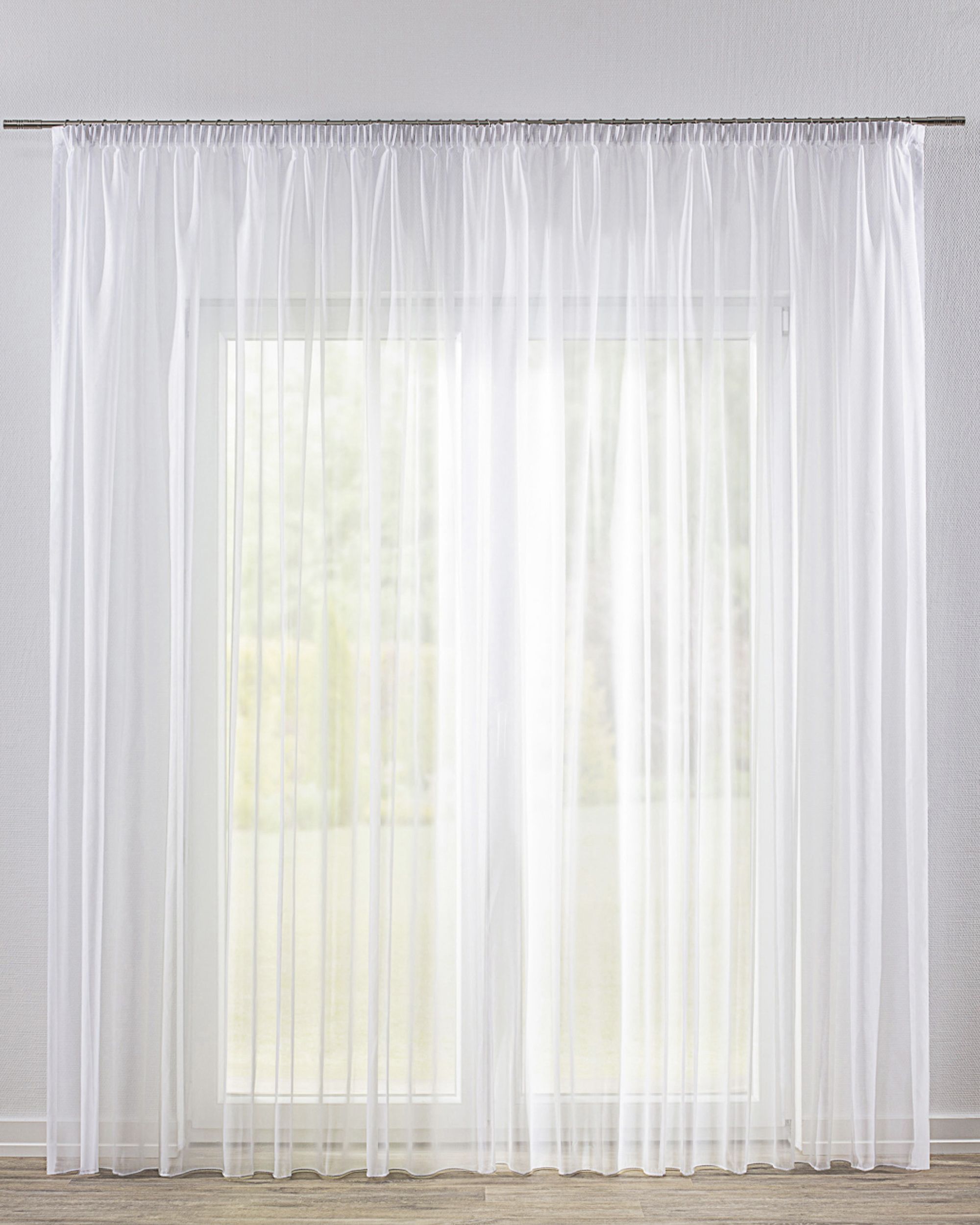 Pencil pleat voile/net curtain product colour white fabric semi-sheer, structured