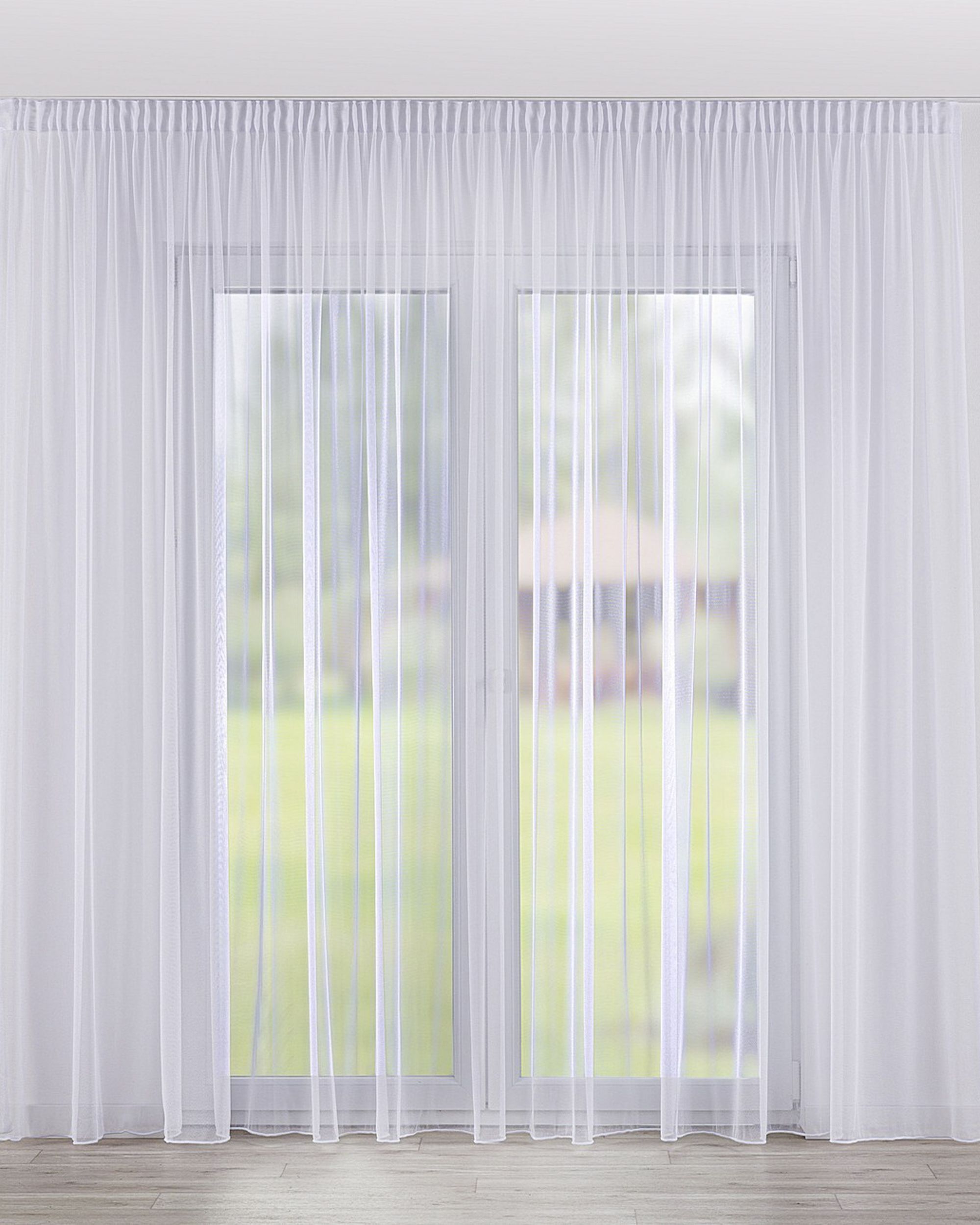 Pencil pleat voile/net curtain product colour white fabric semi-sheer, gloss, structured