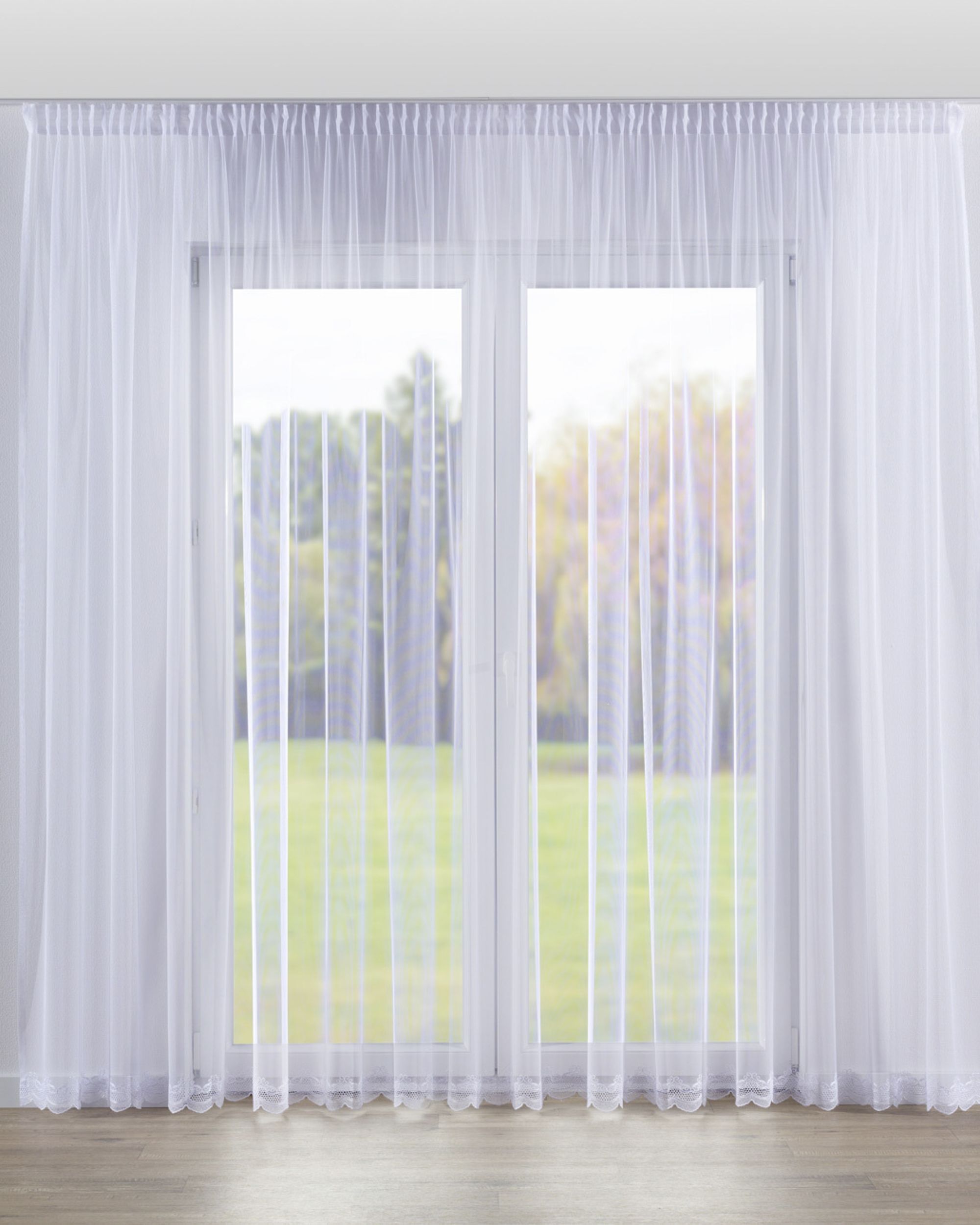 Pencil pleat voile/net curtain product colour white fabric semi-sheer, structured, patterned