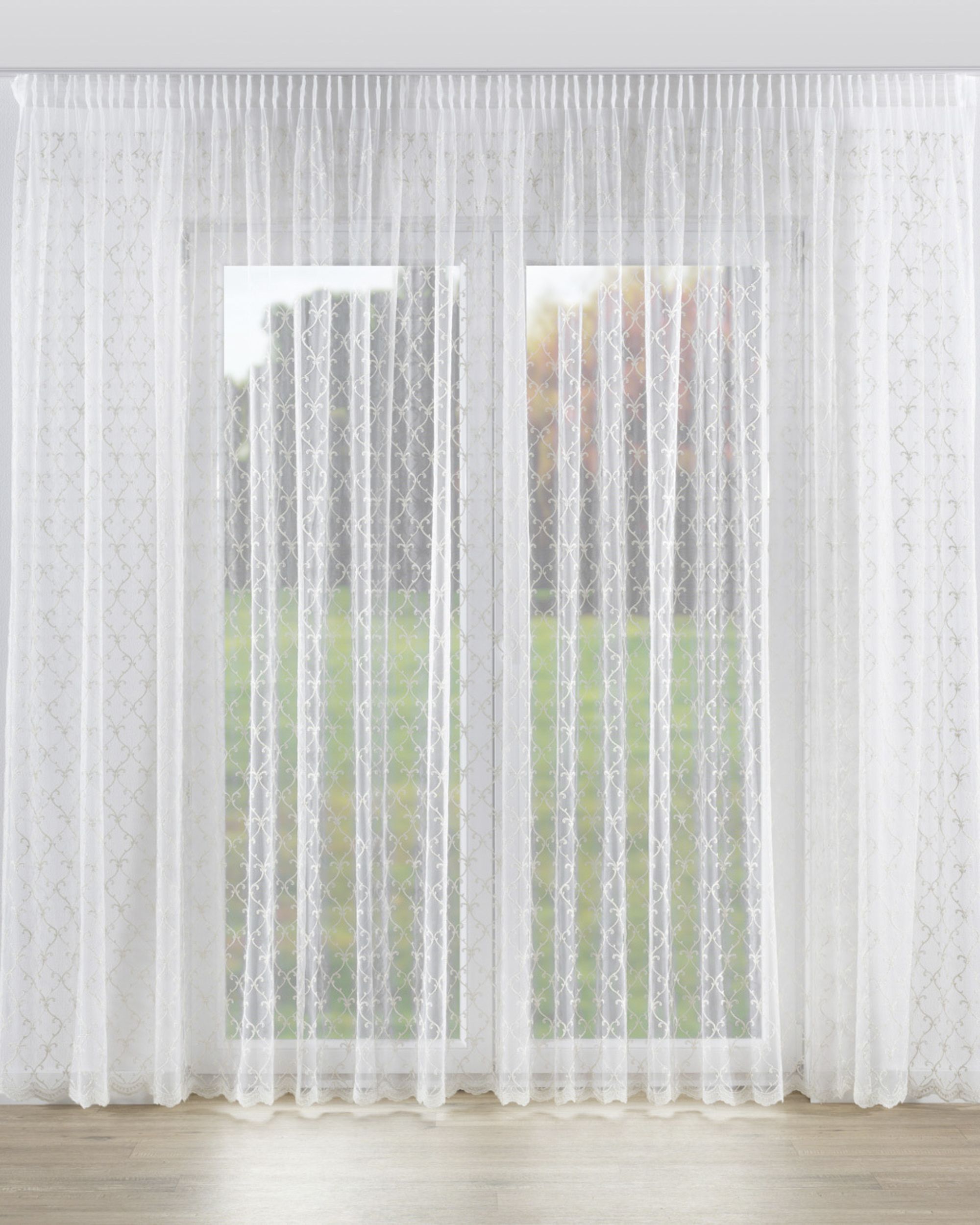 Pencil pleat voile/net curtain product colour cream fabric semi-sheer, gloss, structured, patterned