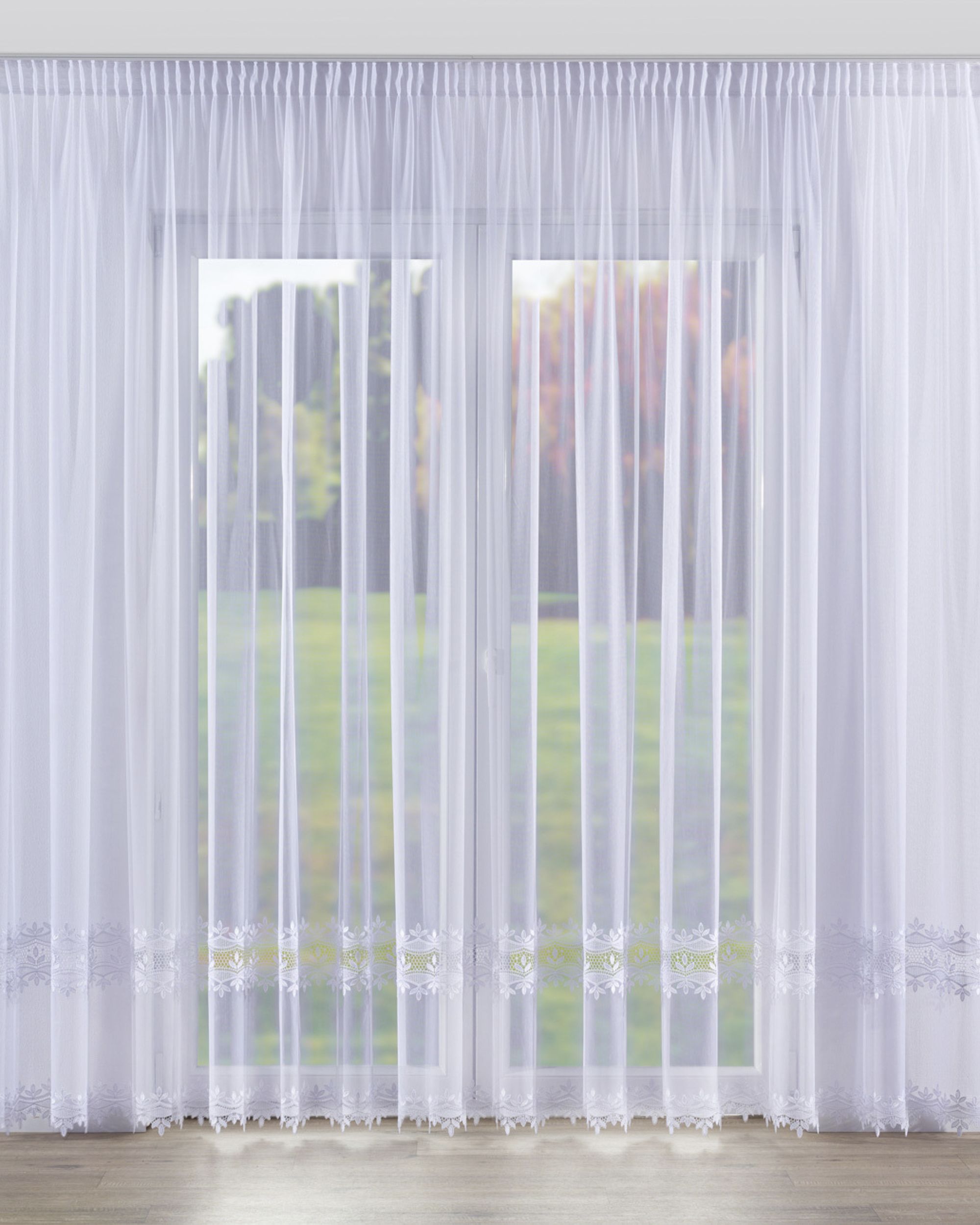 Pencil pleat voile/net curtain product colour white fabric semi-sheer, structured, patterned