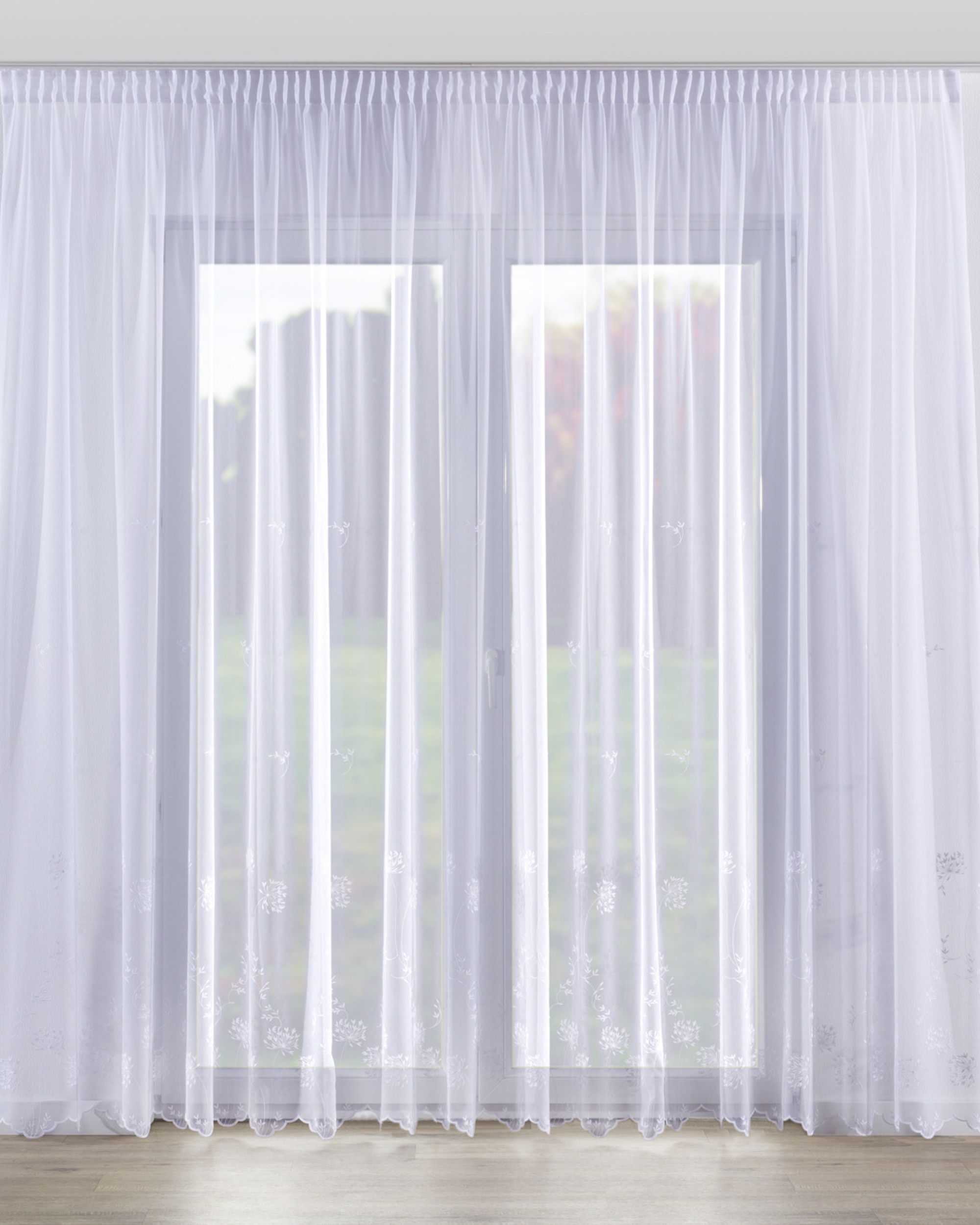 Pencil pleat voile/net curtain product colour white fabric semi-sheer, structured, patterned