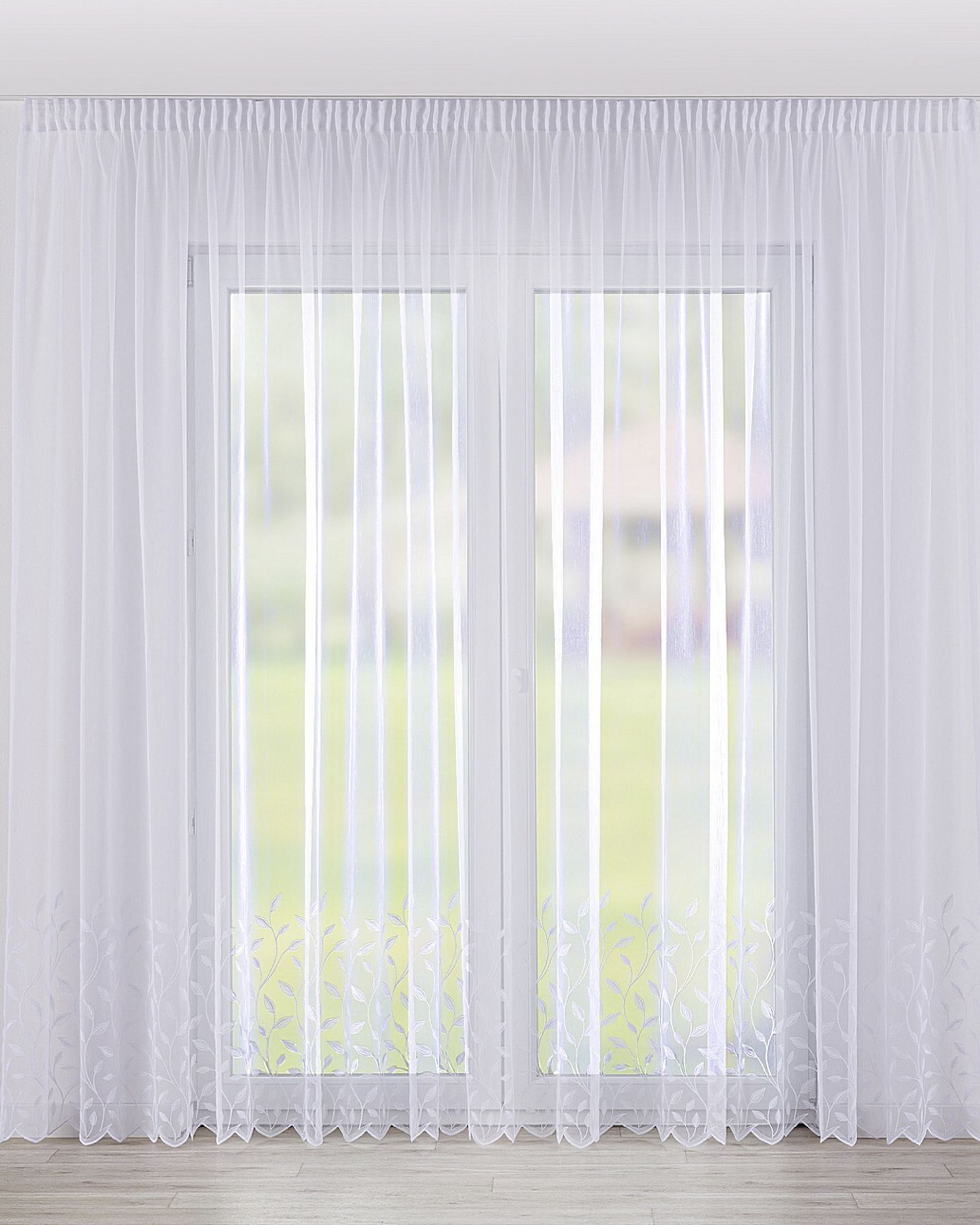 Pencil pleat voile/net curtain product colour white fabric semi-sheer, structured, patterned