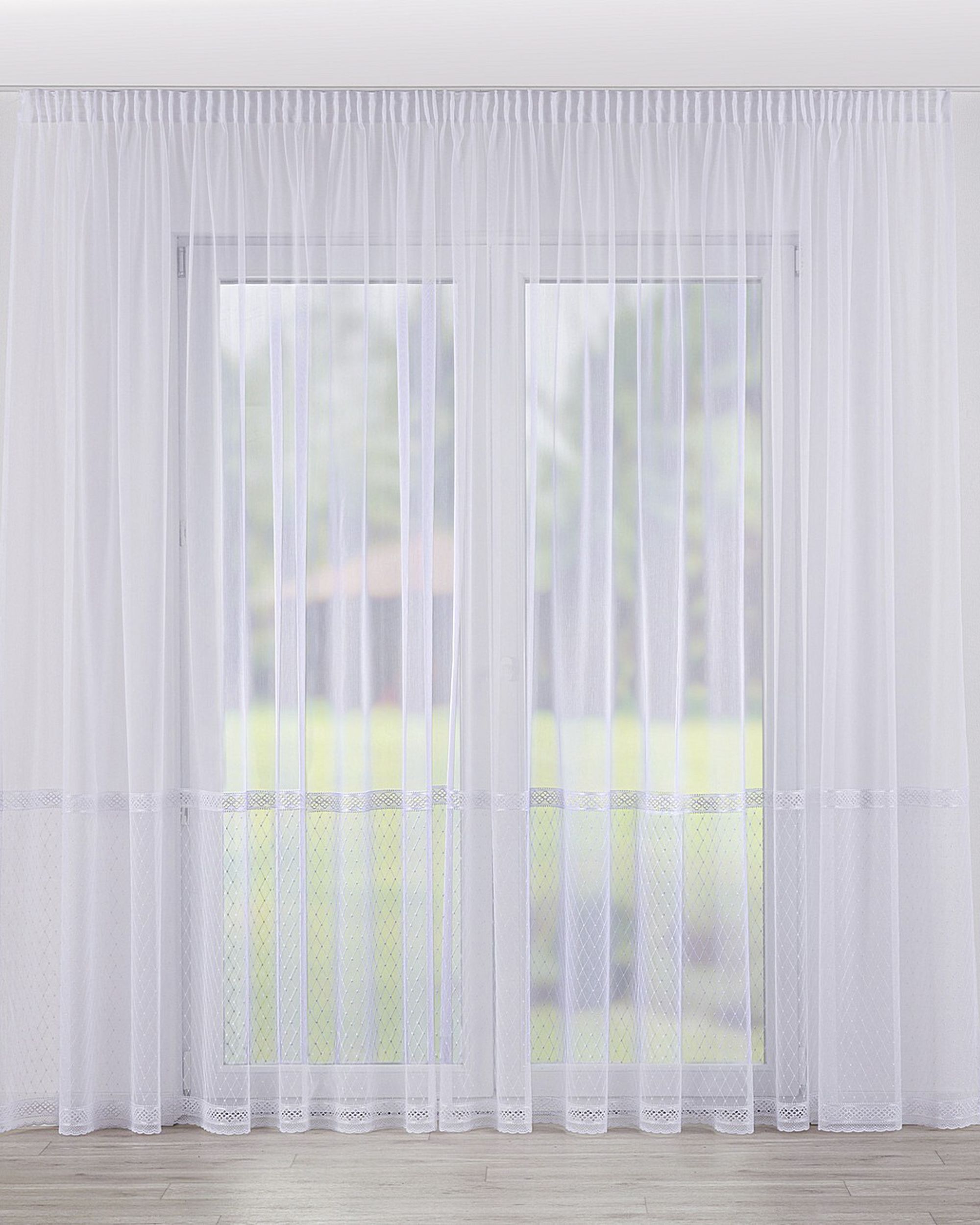 Pencil pleat voile/net curtain product colour white fabric semi-sheer, structured, patterned
