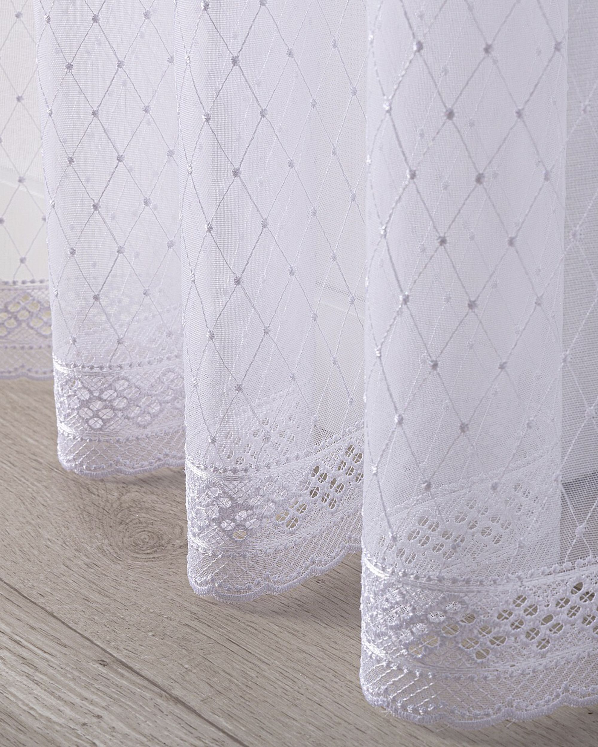 Pencil pleat voile/net curtain product colour white fabric semi-sheer, structured, patterned (hover)