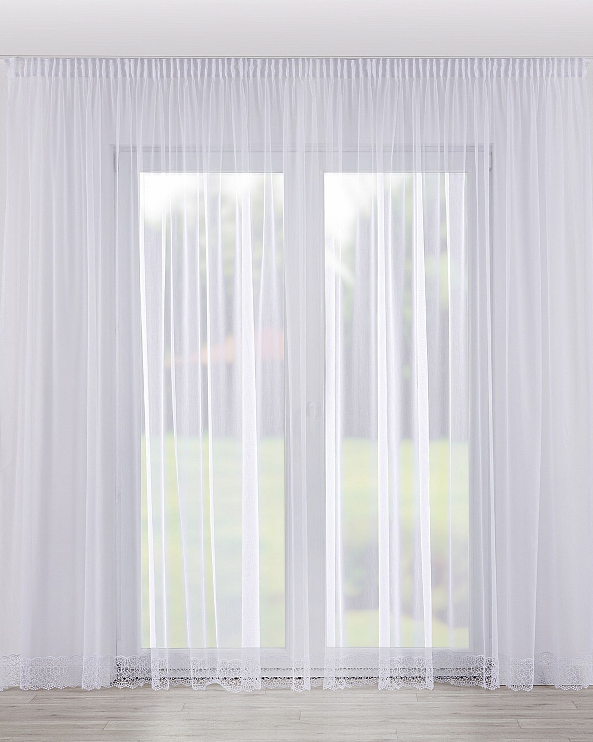 Pencil pleat voile/net curtain product colour white fabric semi-sheer, structured, patterned