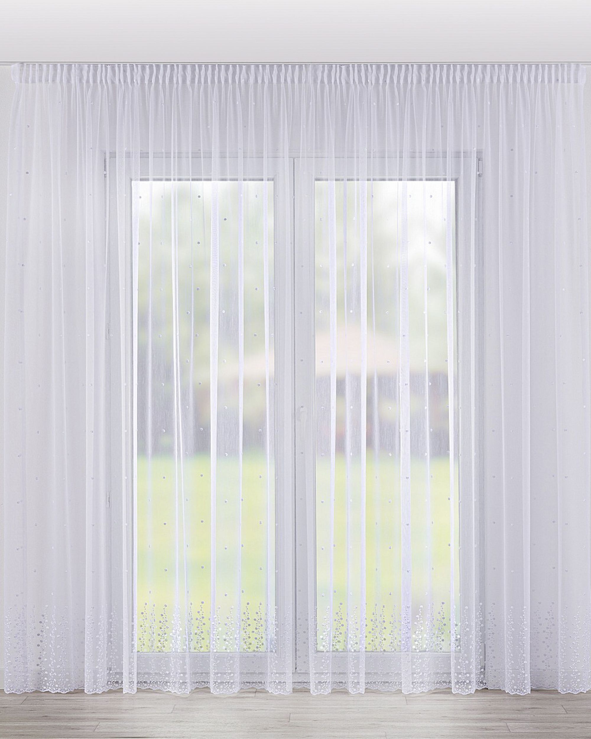 Pencil pleat voile/net curtain product colour white fabric semi-sheer, structured, patterned