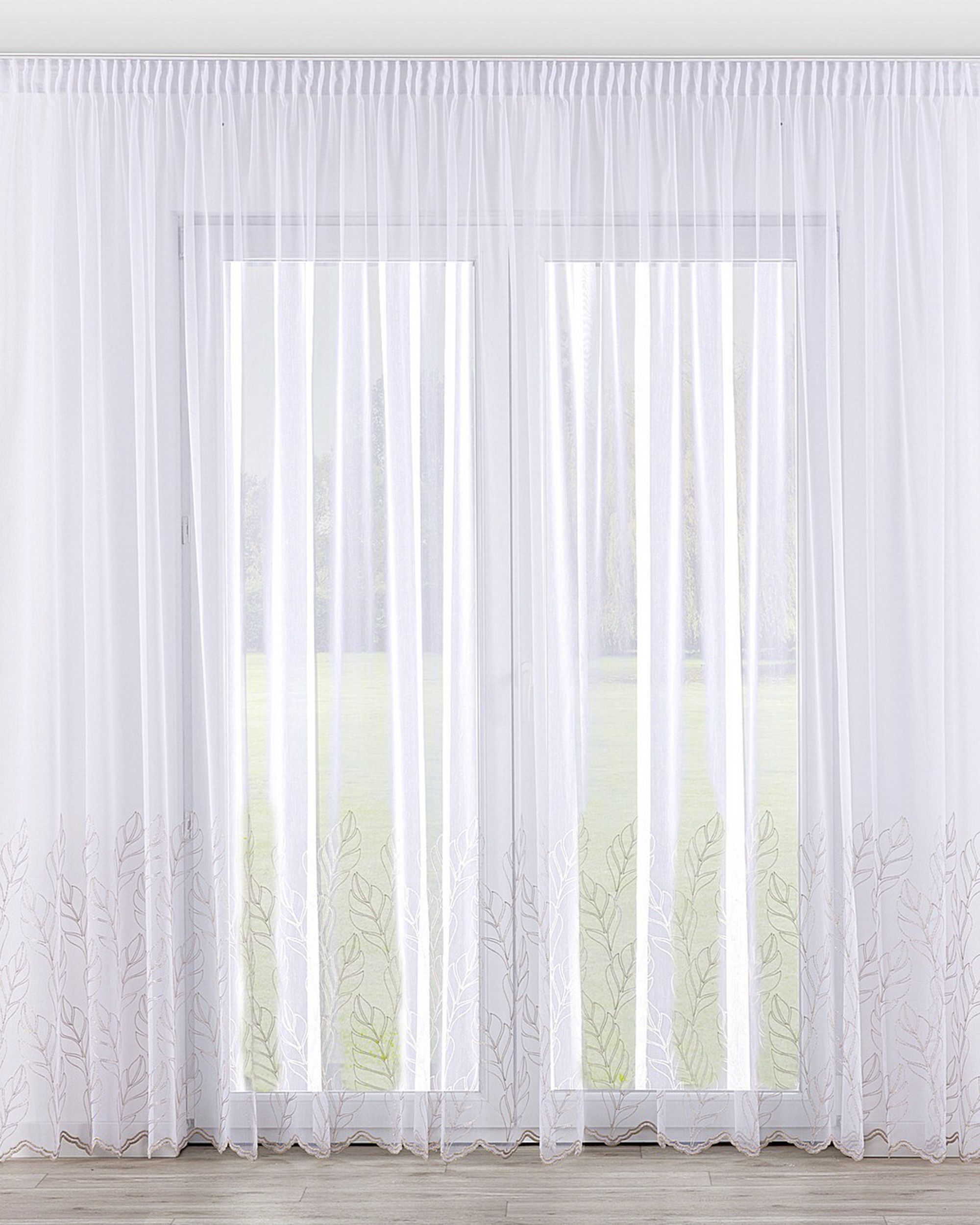 Pencil pleat voile/net curtain product colour white fabric semi-sheer, structured, patterned