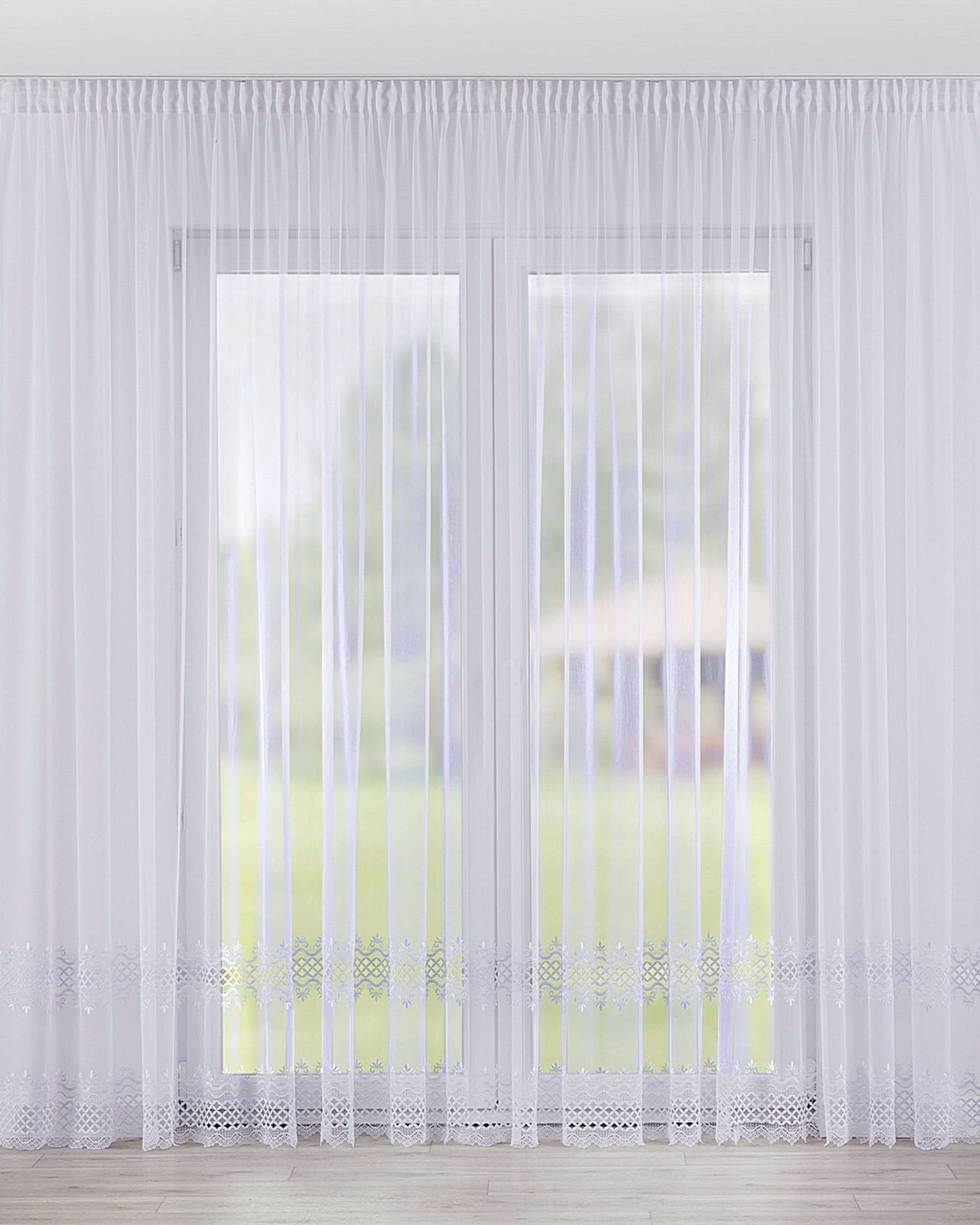 Pencil pleat voile/net curtain product colour white fabric semi-sheer, structured, patterned