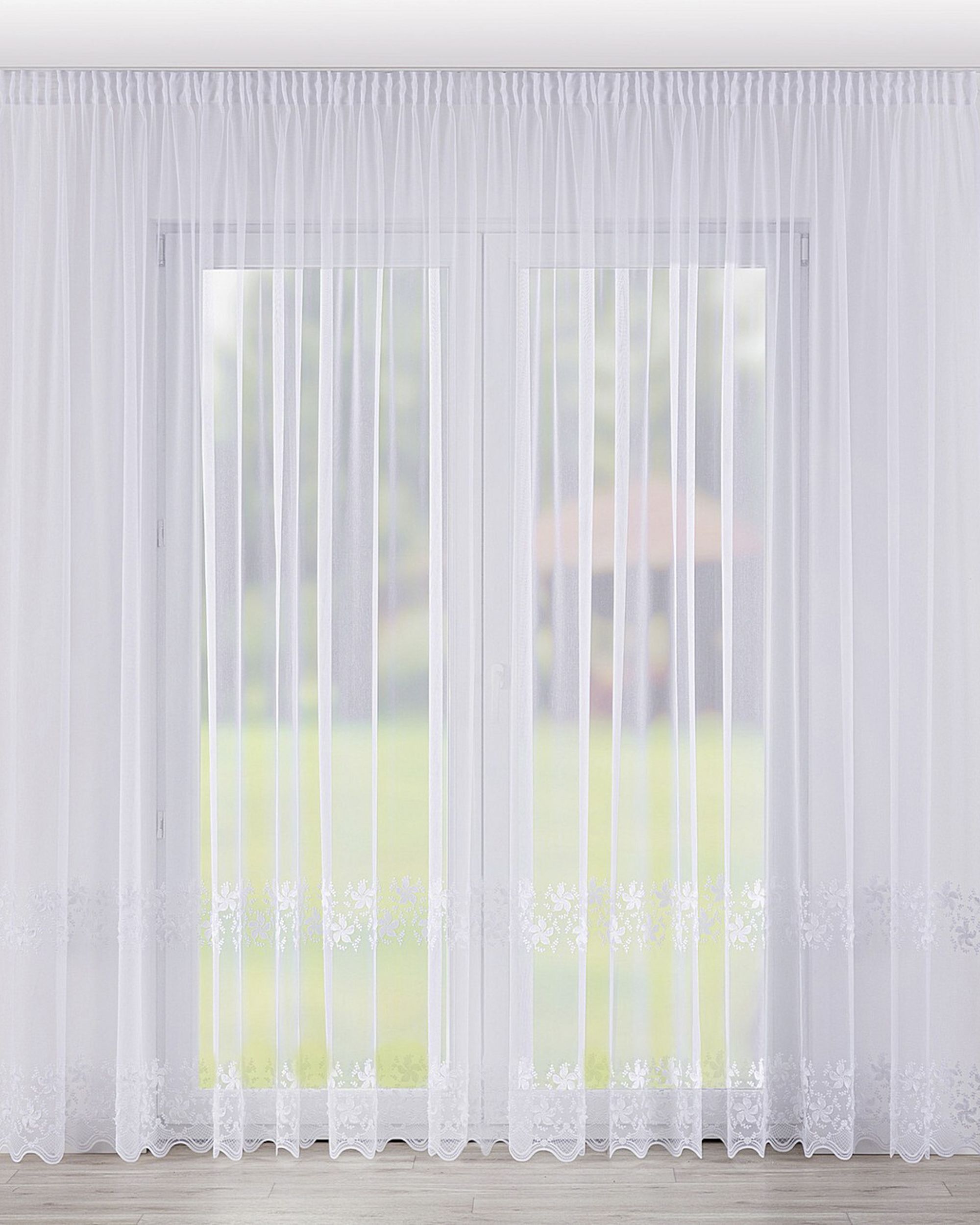 Pencil pleat voile/net curtain product colour white fabric semi-sheer, structured, patterned