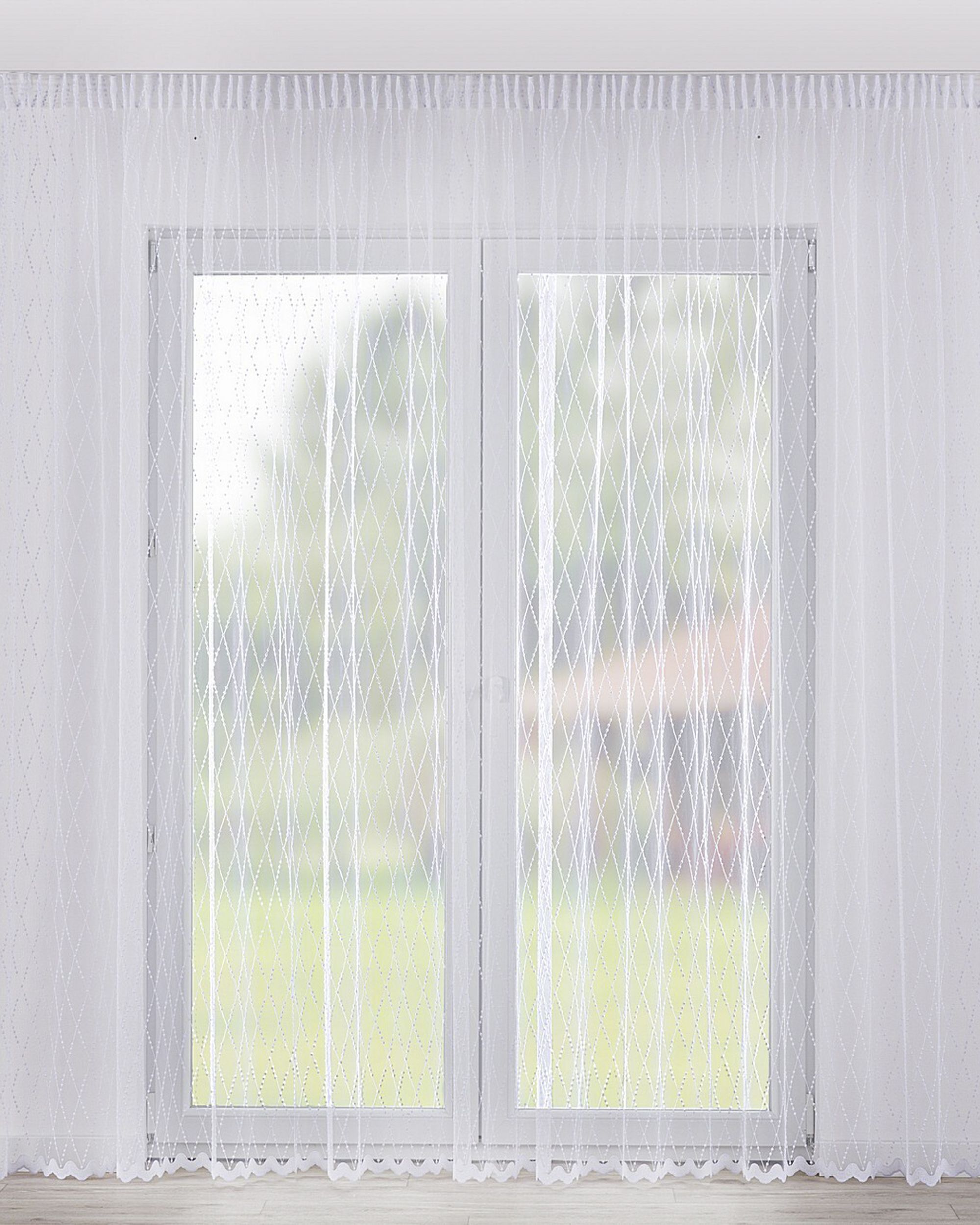 Pencil pleat voile/net curtain product colour white fabric semi-sheer, structured, patterned