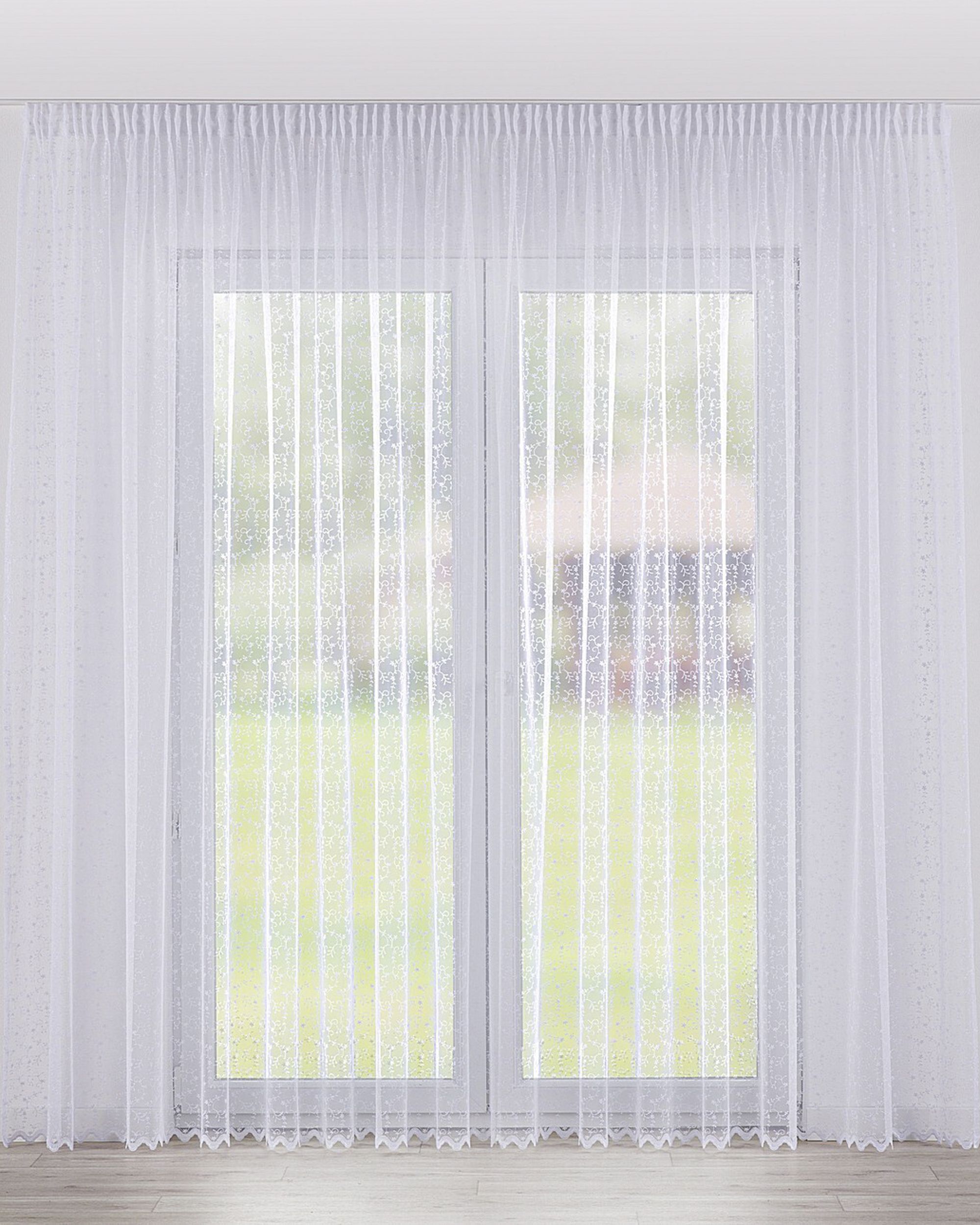 Pencil pleat voile/net curtain product colour white fabric semi-sheer, structured, patterned