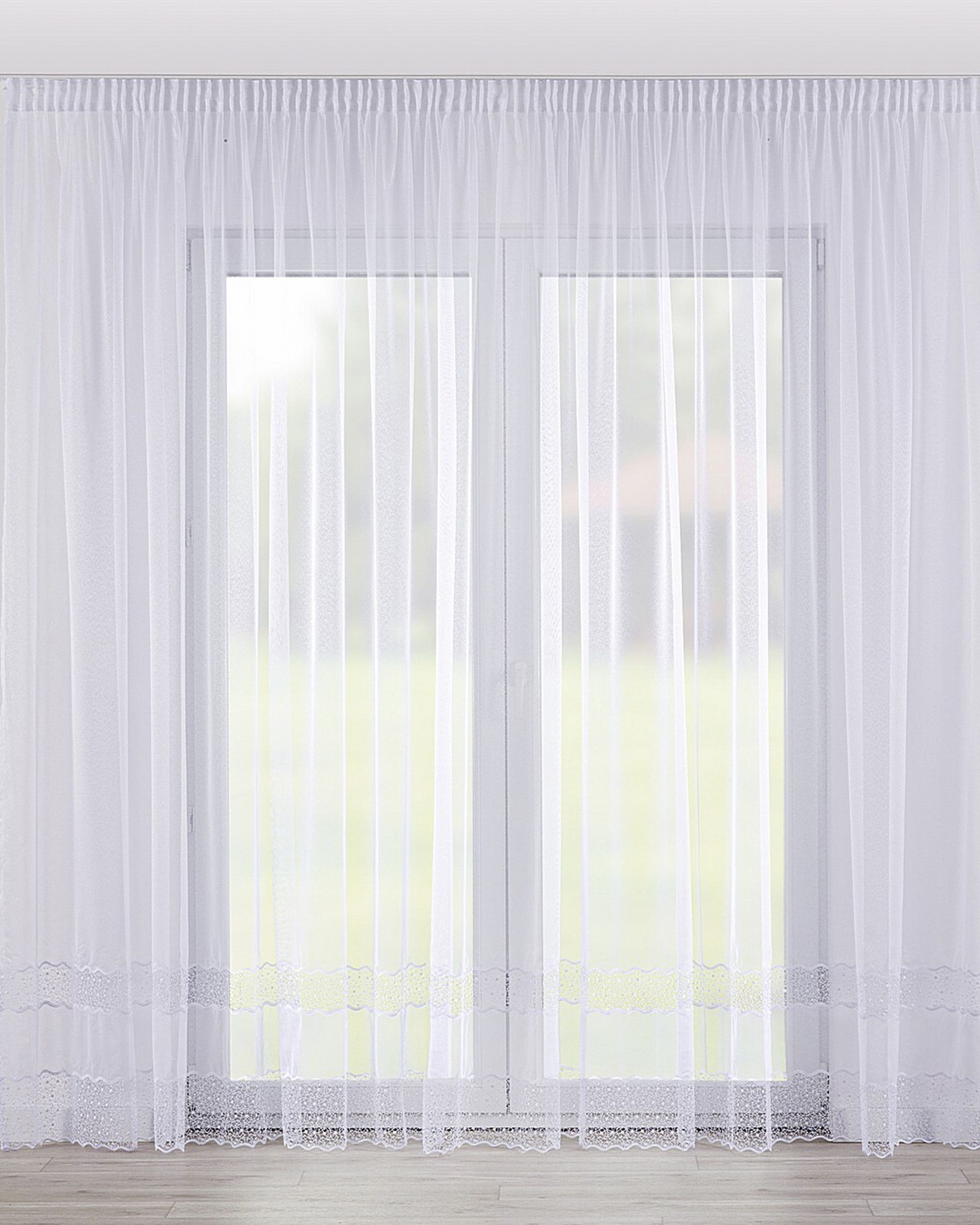 Pencil pleat voile/net curtain product colour white fabric semi-sheer, structured, patterned