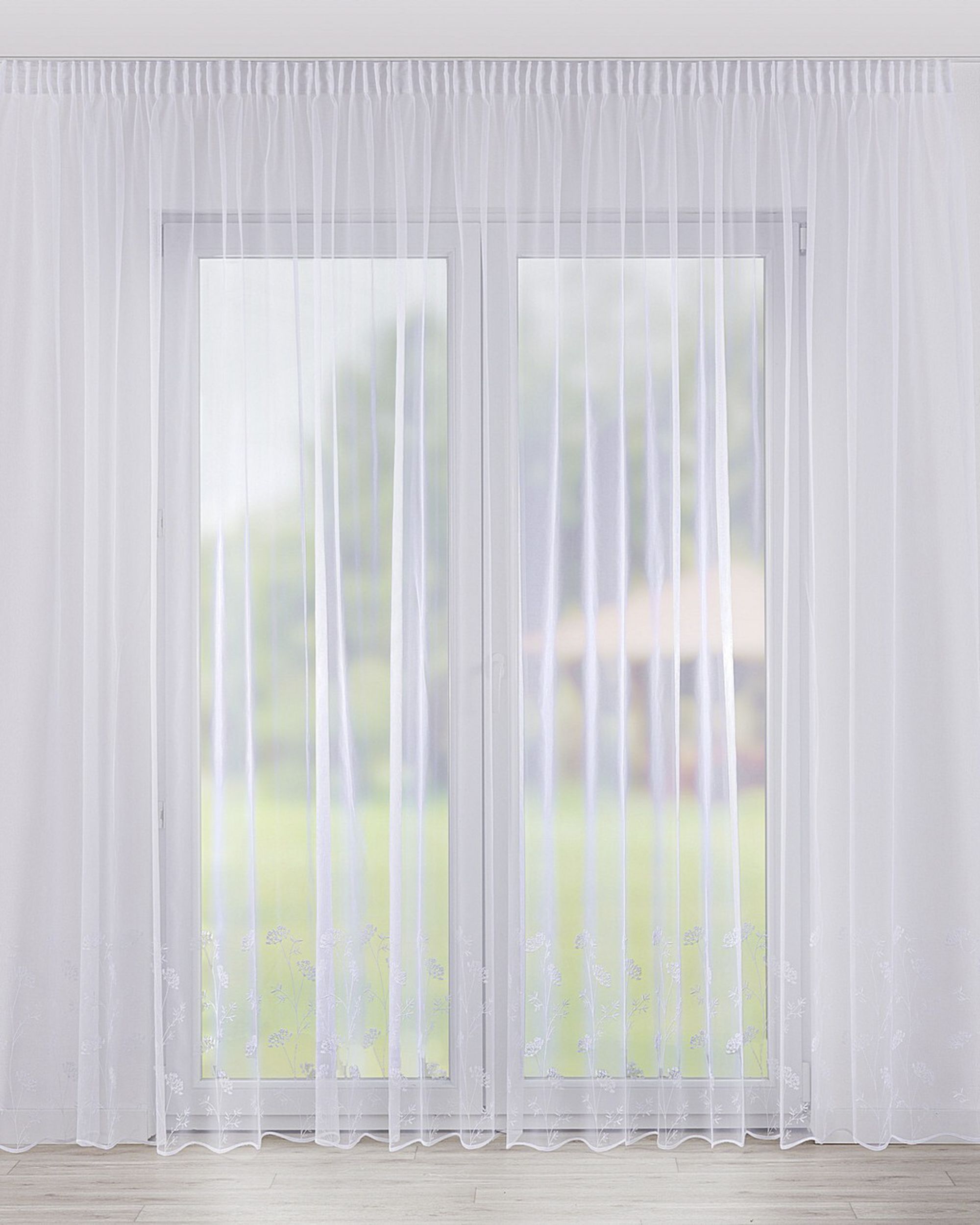 Pencil pleat voile/net curtain product colour white fabric semi-sheer, structured, patterned
