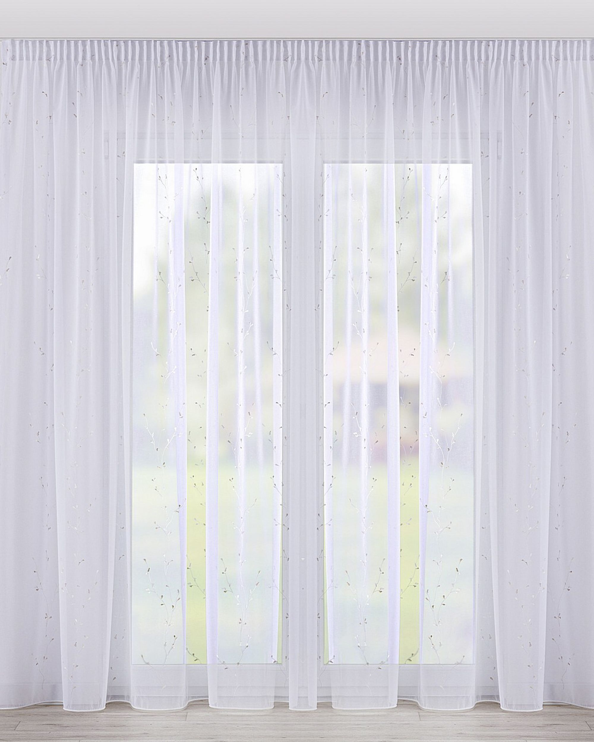 Pencil pleat voile/net curtain product colour white fabric semi-sheer, structured, patterned
