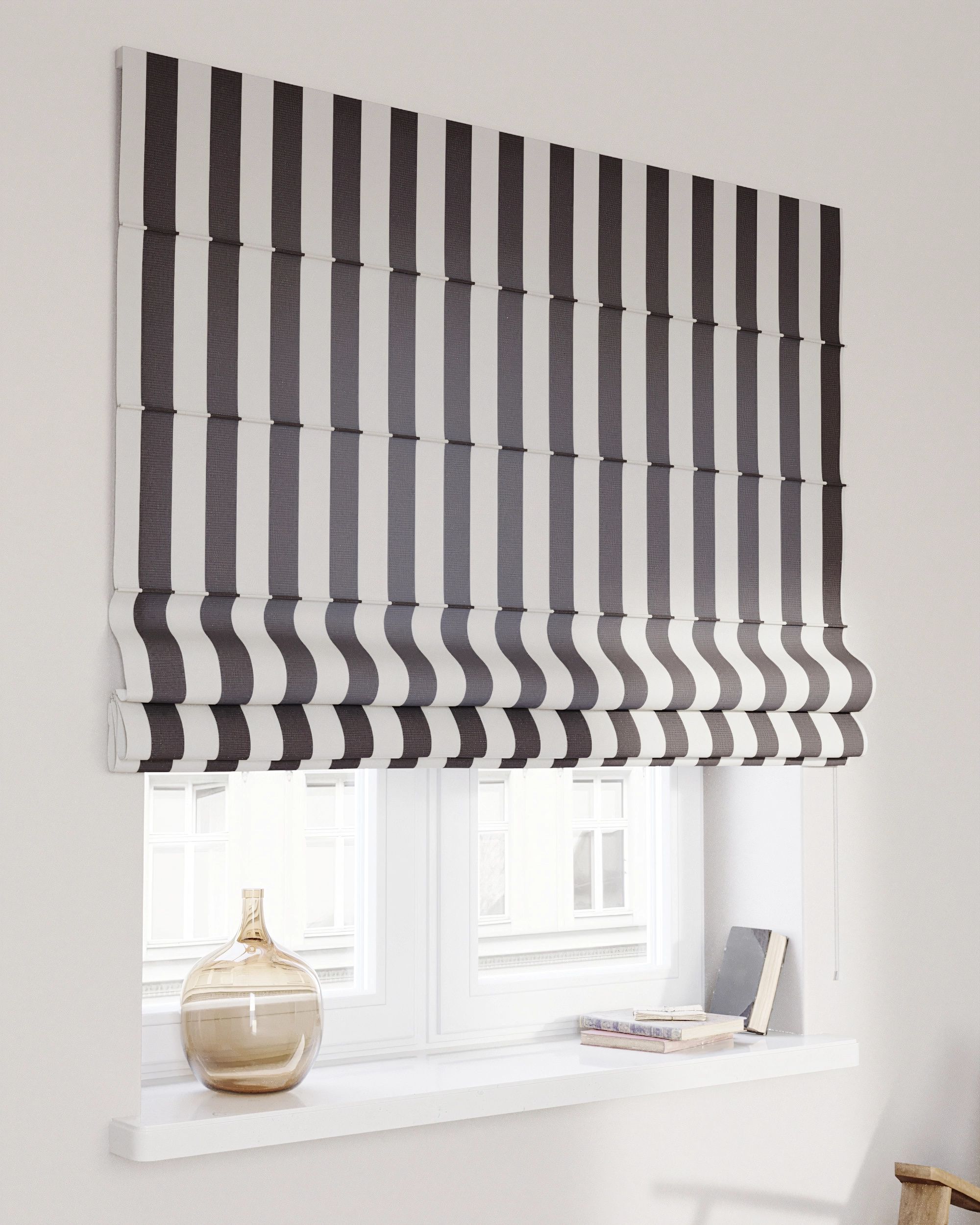 Capri Roman blind product colour black fabric patterned