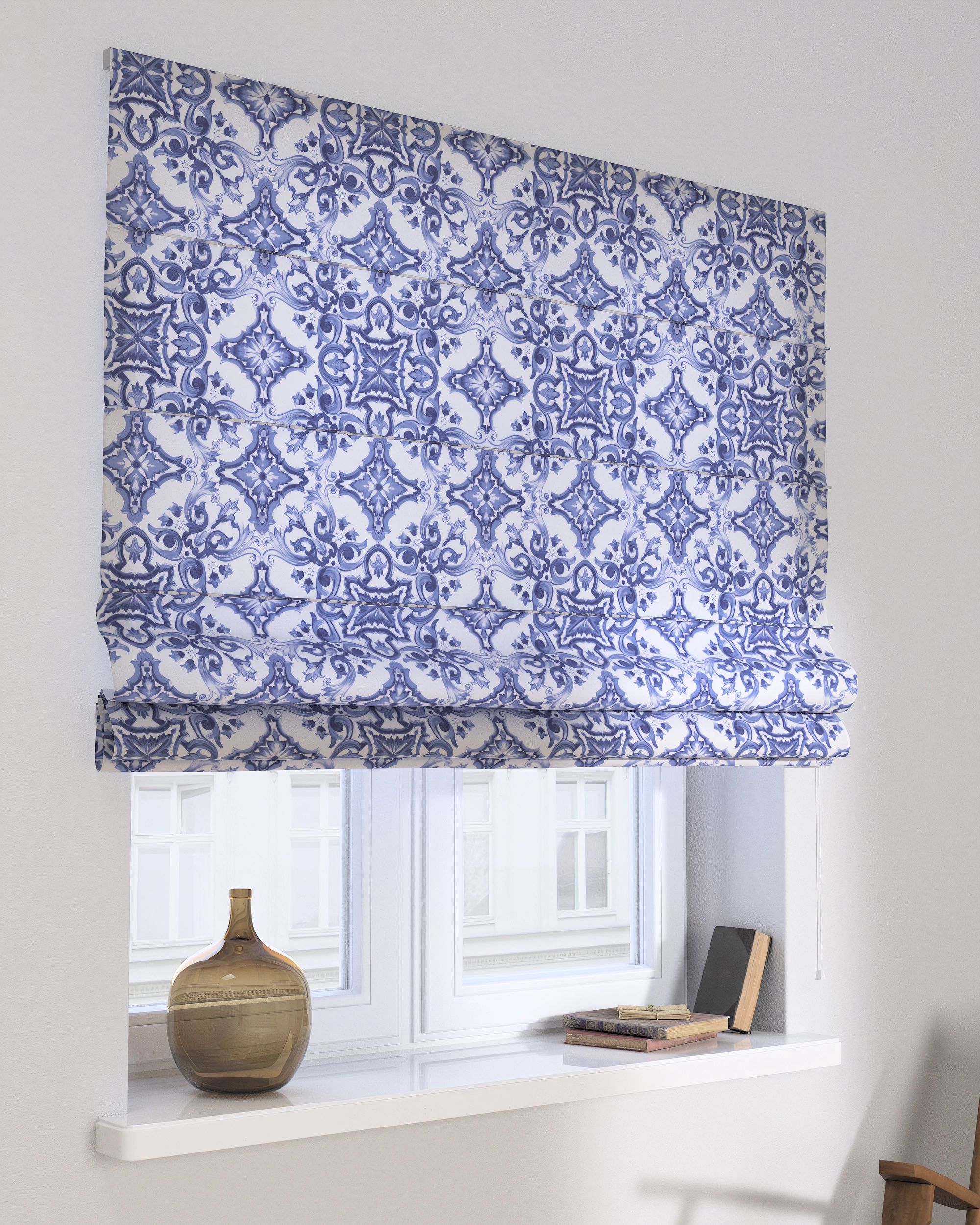 Capri Roman blind product colour blue fabric patterned