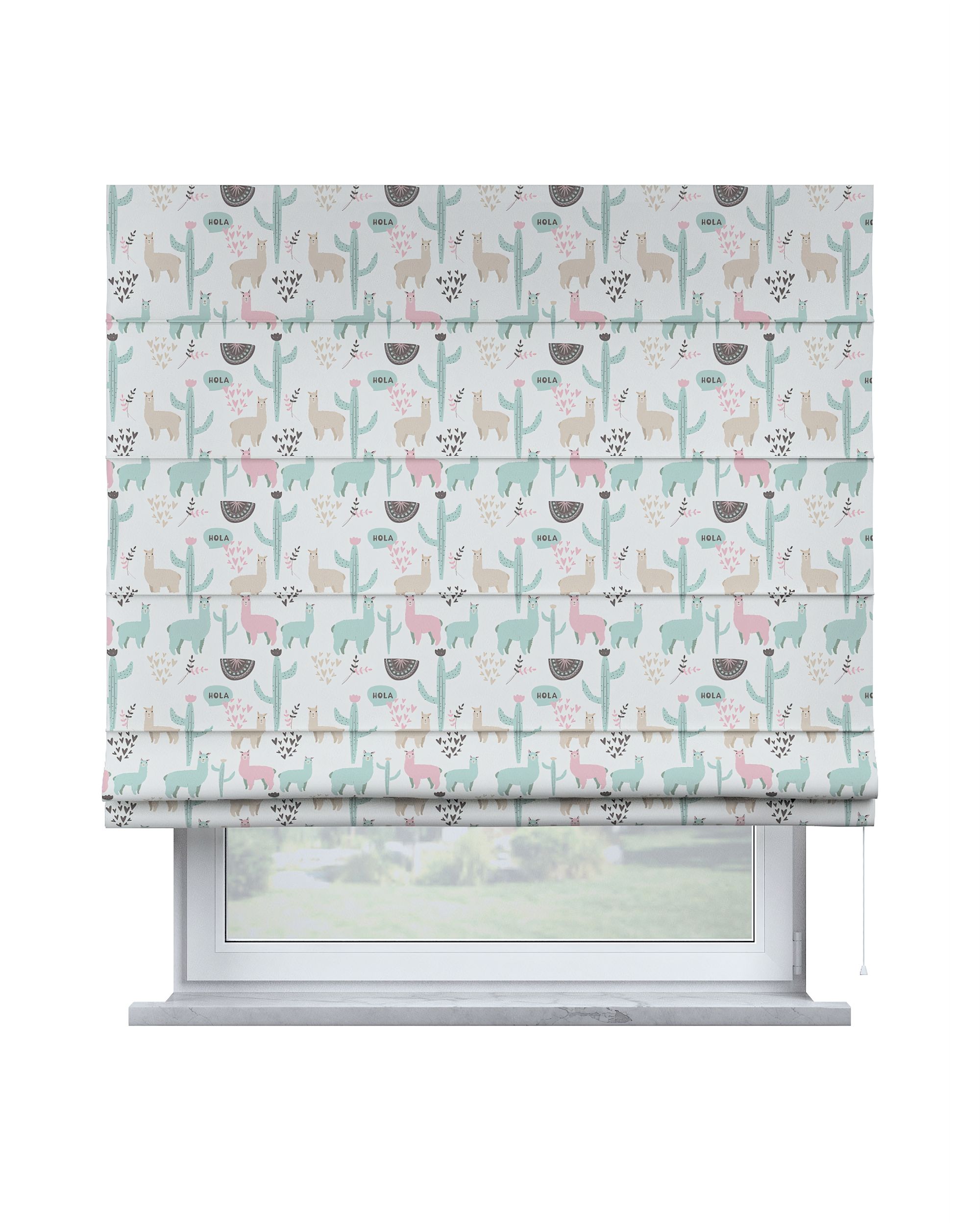Capri Roman blind product colour green fabric patterned