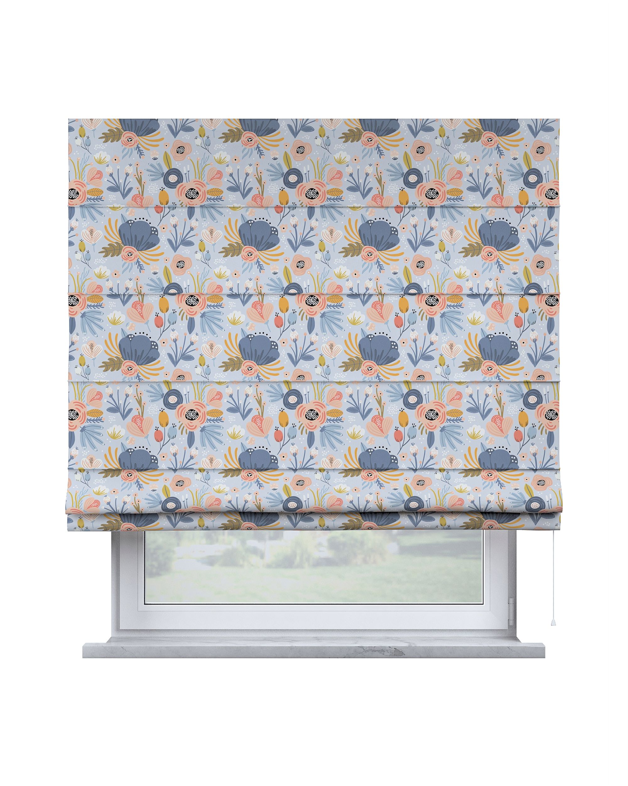 Capri Roman blind product colour blue fabric patterned