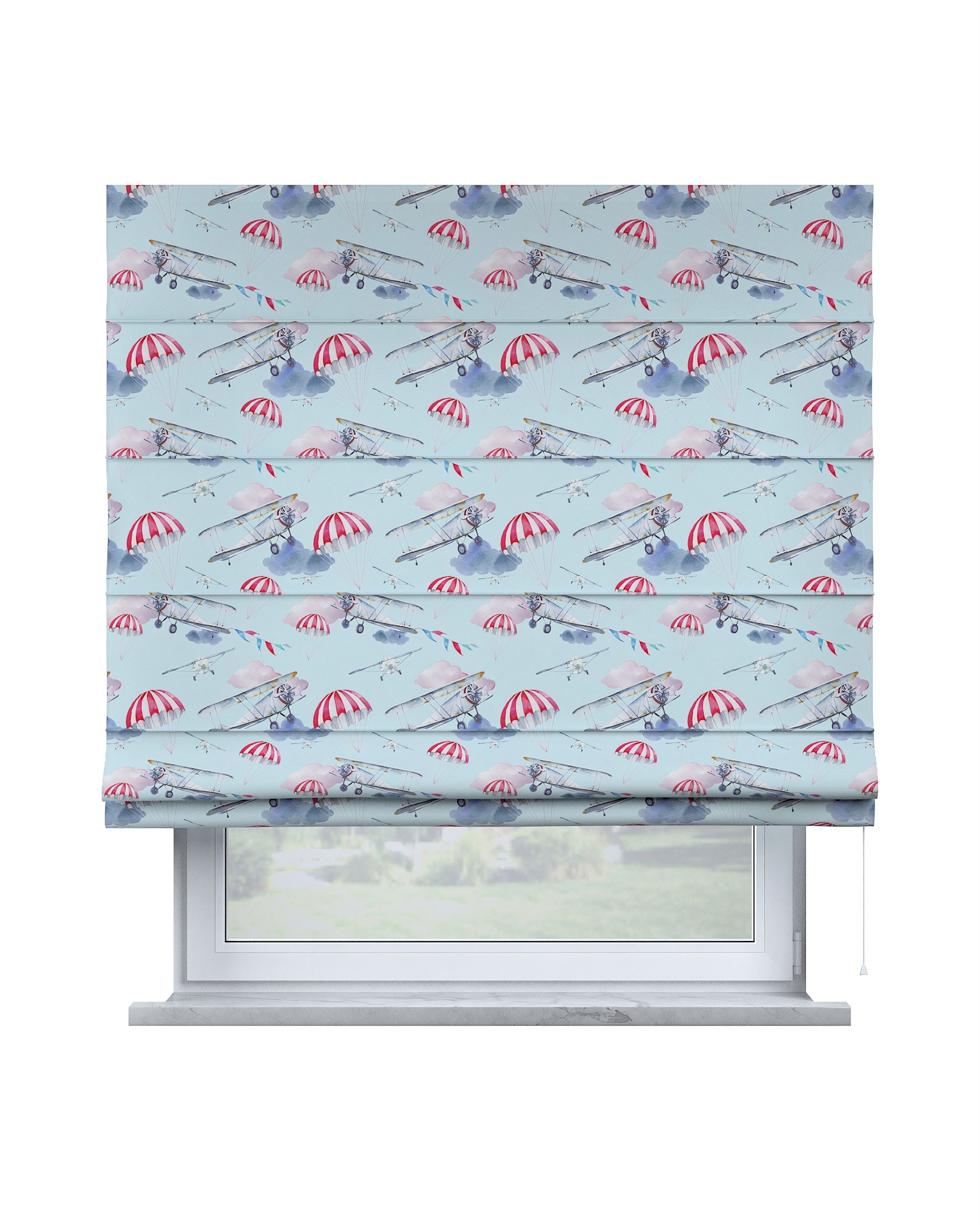 Capri Roman blind product colour blue fabric patterned