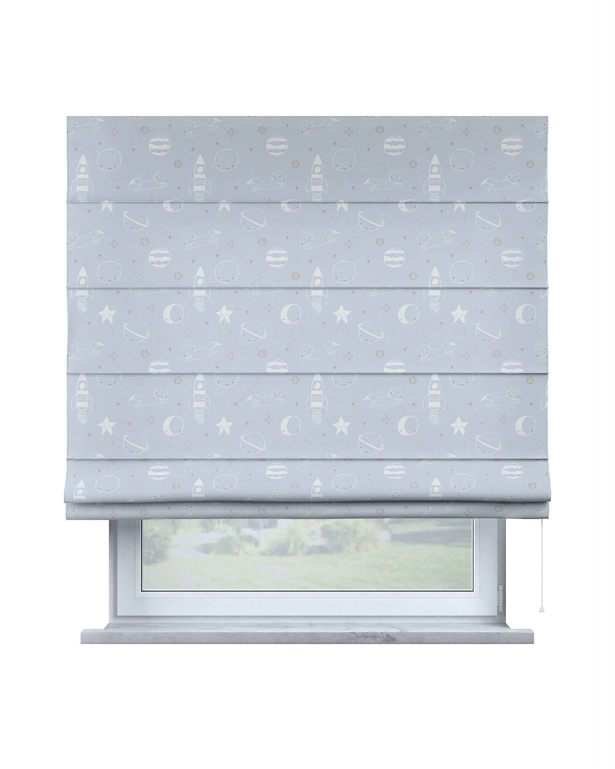 Capri Roman blind product colour blue fabric patterned