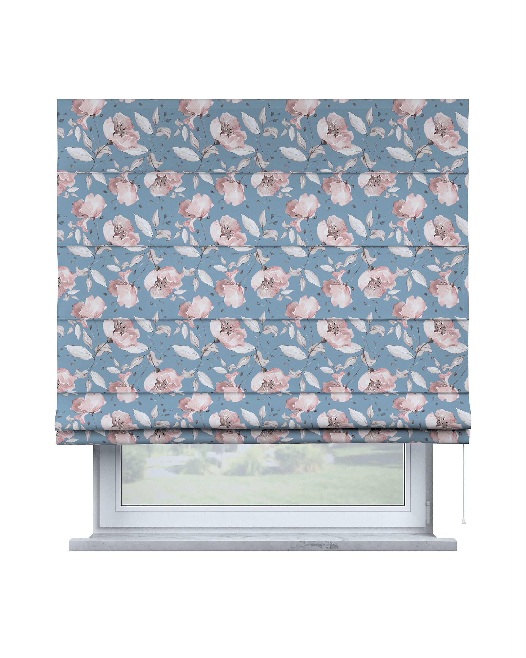 Capri Roman blind product colour blue fabric patterned