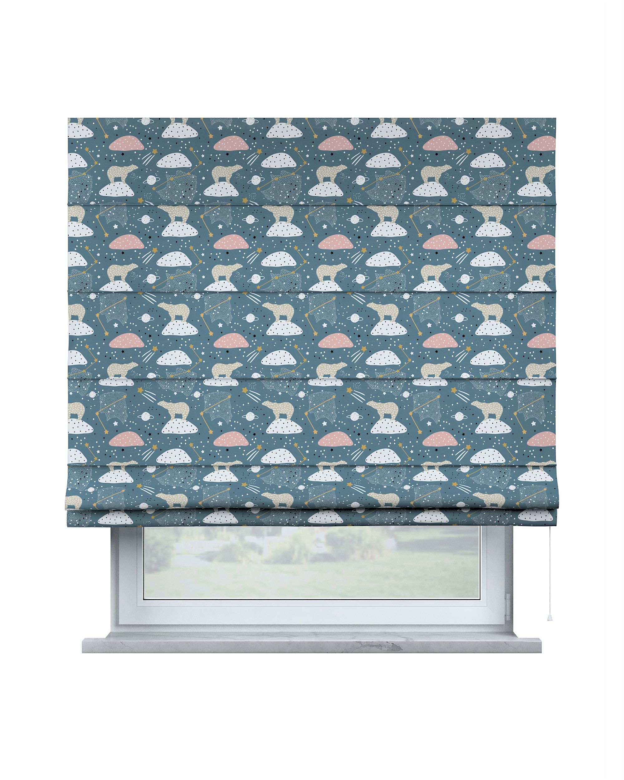 Capri Roman blind product colour blue fabric patterned