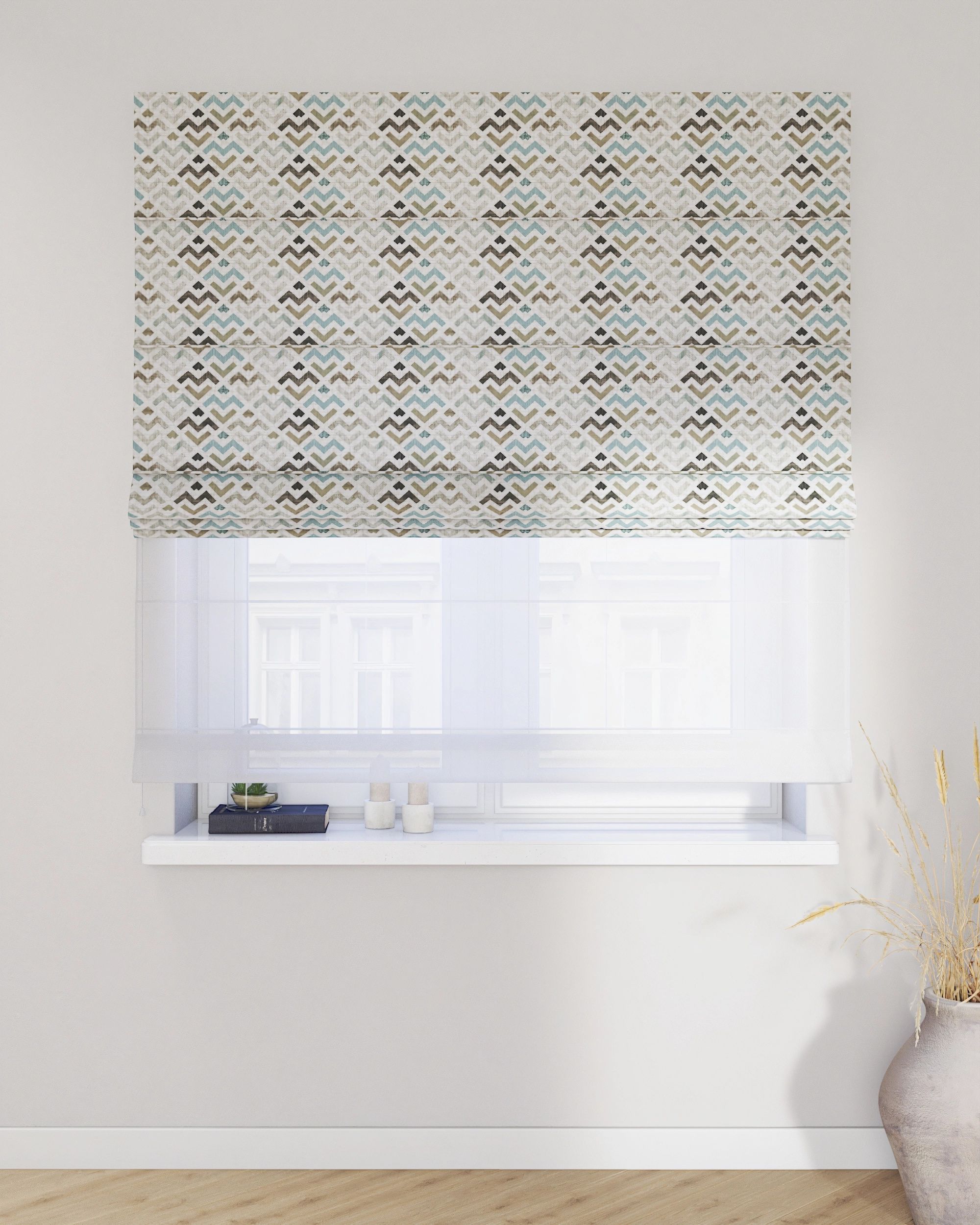 Double layered Roman blind DUO product colour brown fabric patterned (hover)