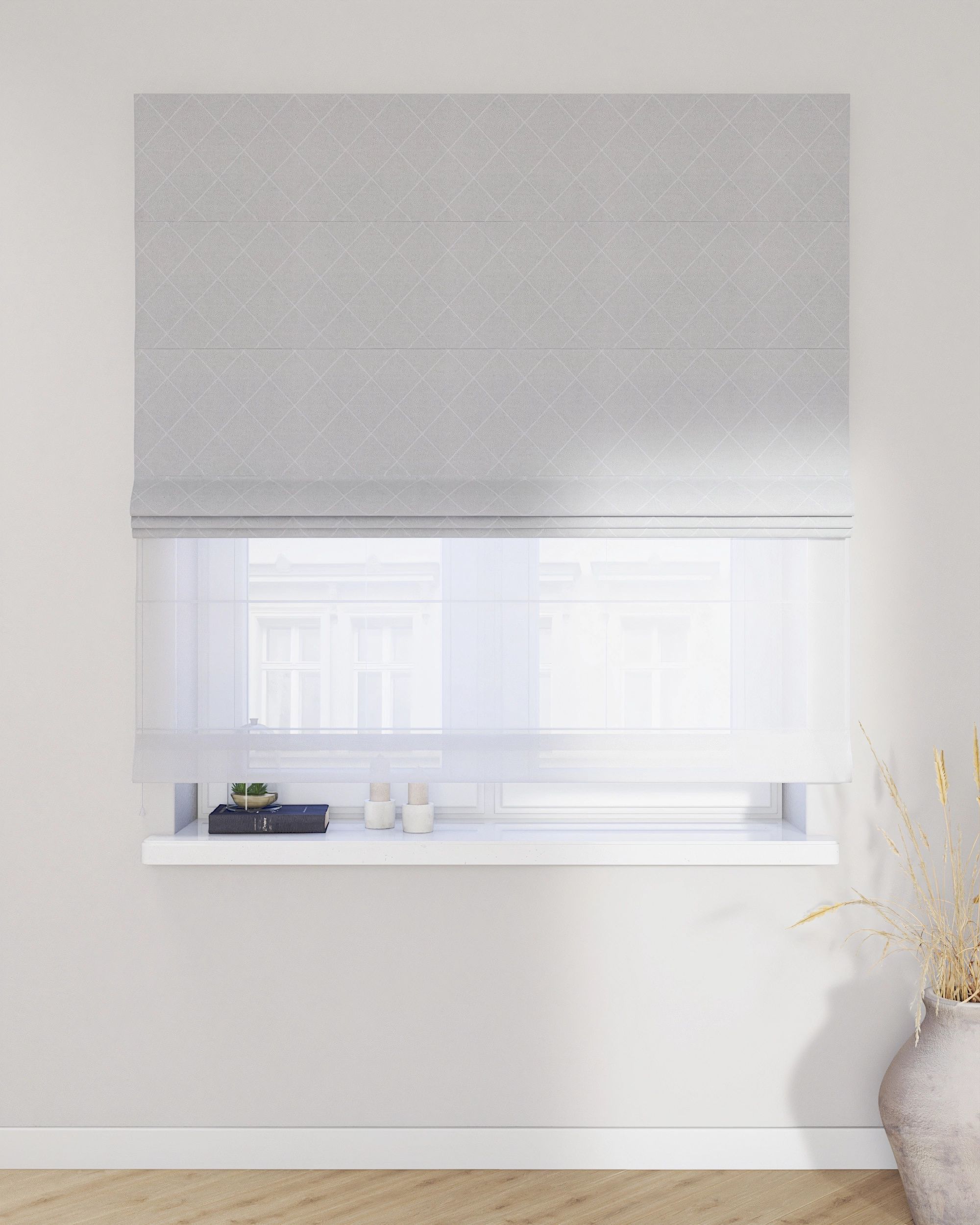 Double layered Roman blind DUO product colour grey fabric structured, patterned (hover)