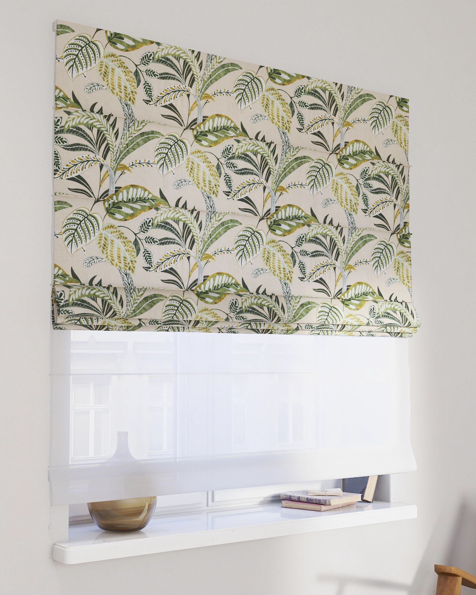 Double layered Roman blind DUO product colour green fabric patterned