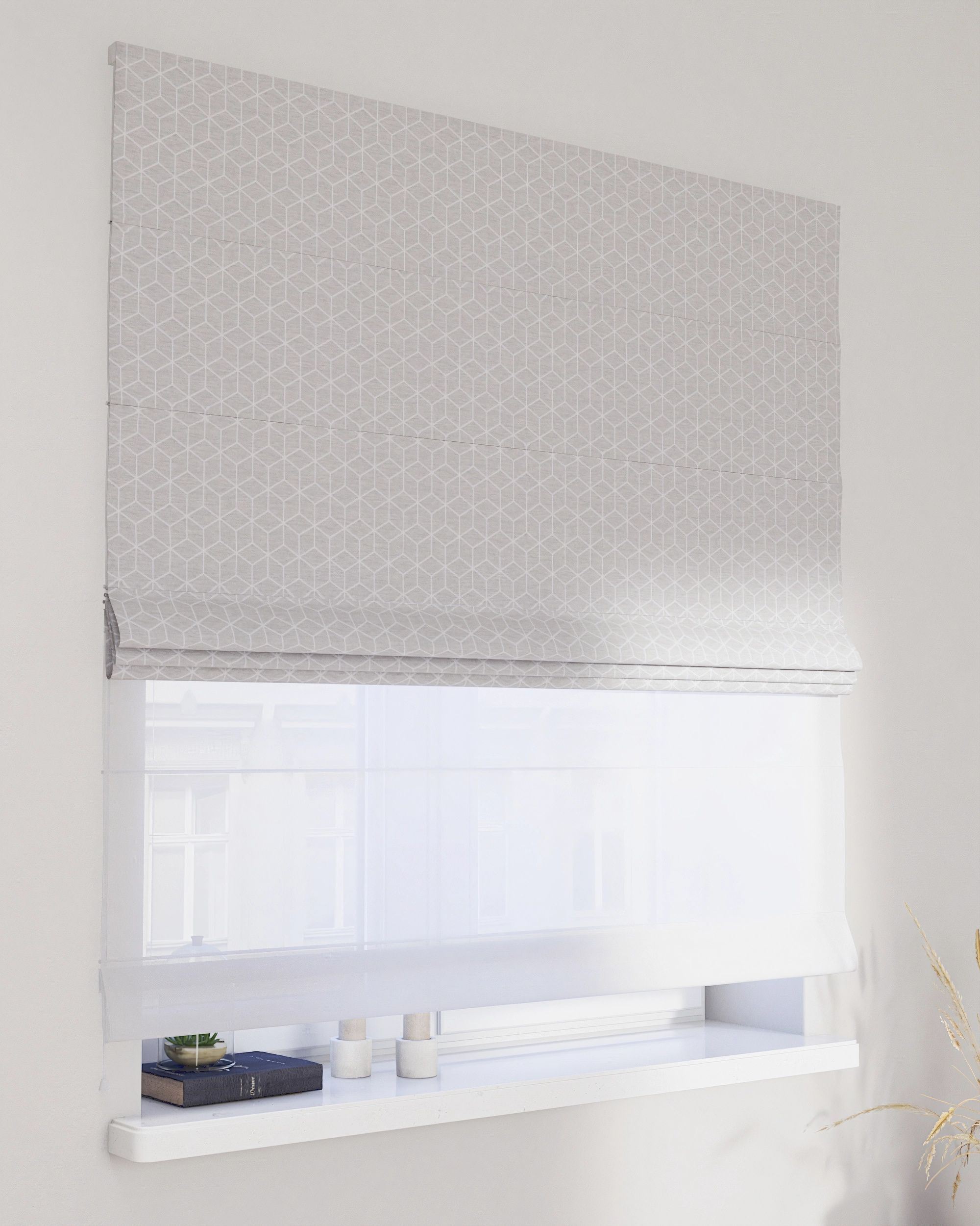 Double layered Roman blind DUO product colour grey fabric structured, patterned