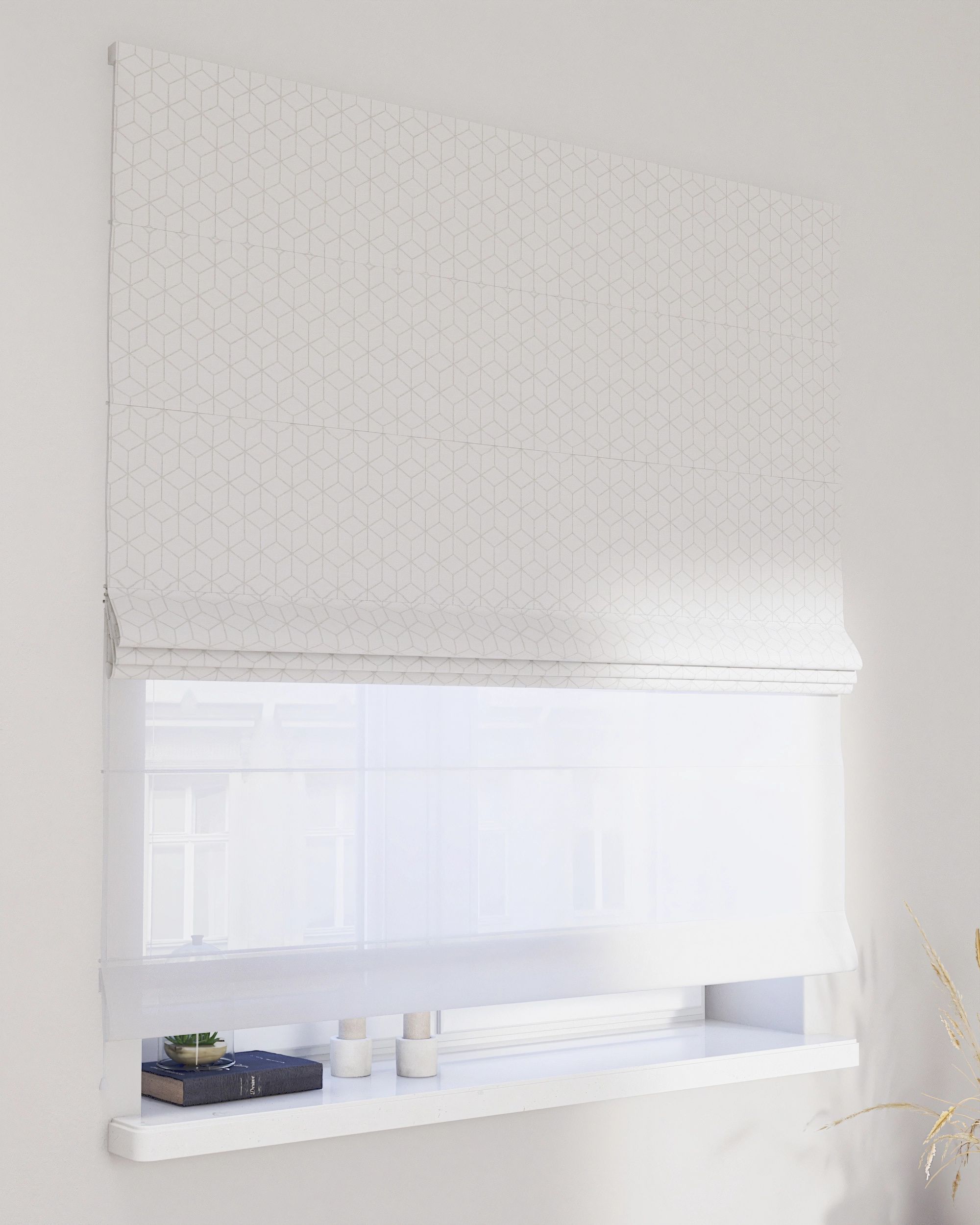 Double layered Roman blind DUO product colour white fabric structured, patterned