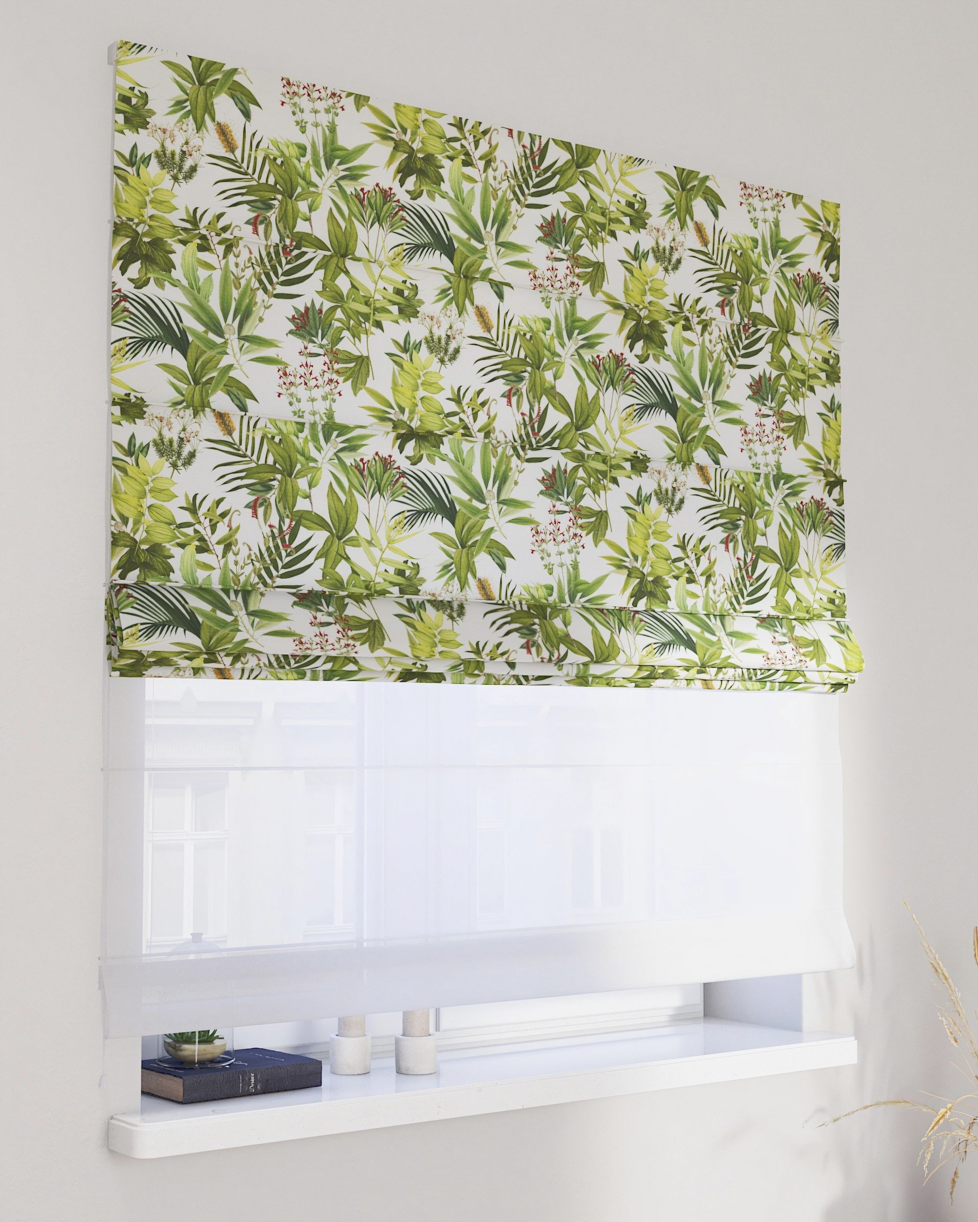 Double layered Roman blind DUO product colour green fabric patterned