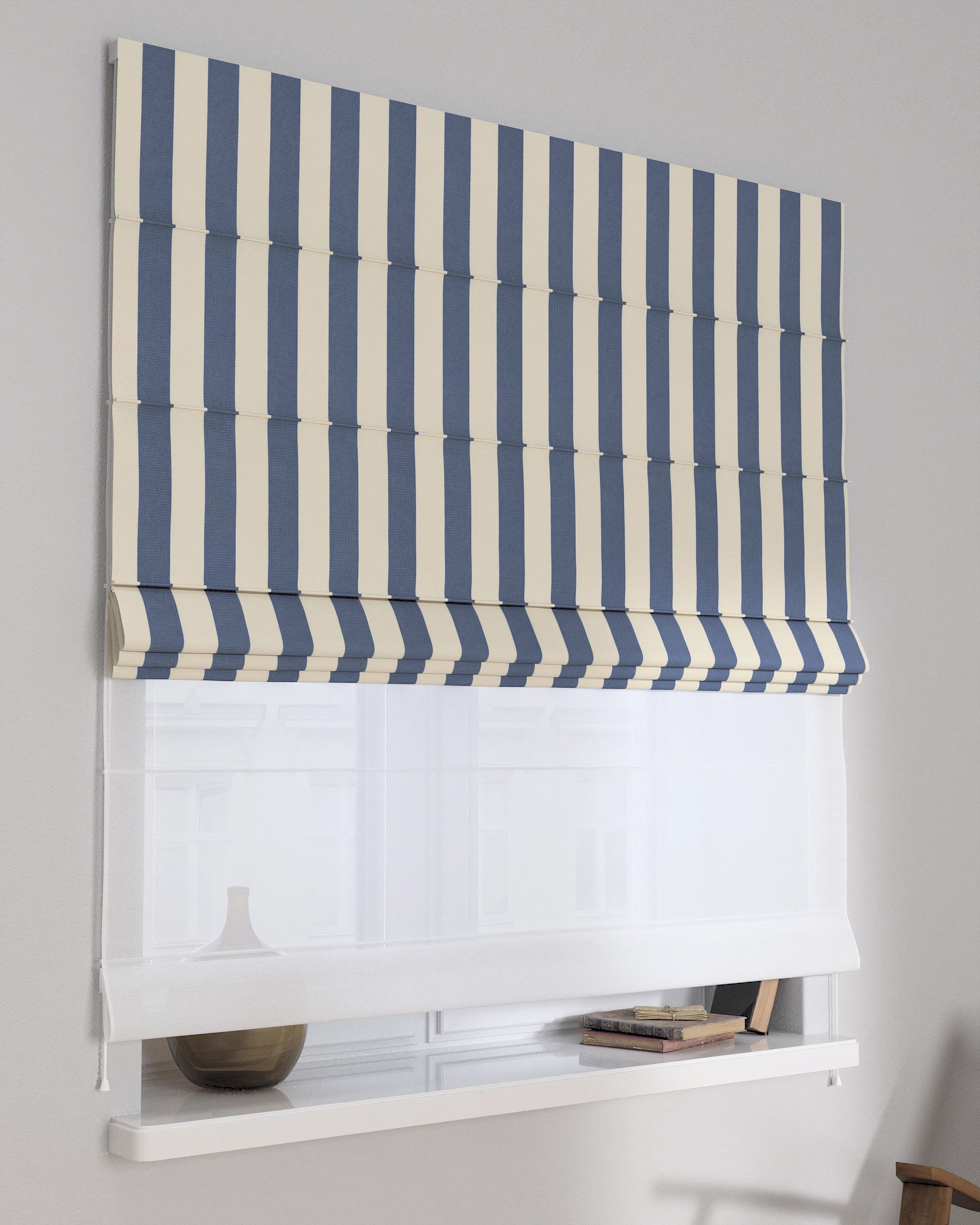 Double layered Roman blind DUO product colour blue fabric patterned