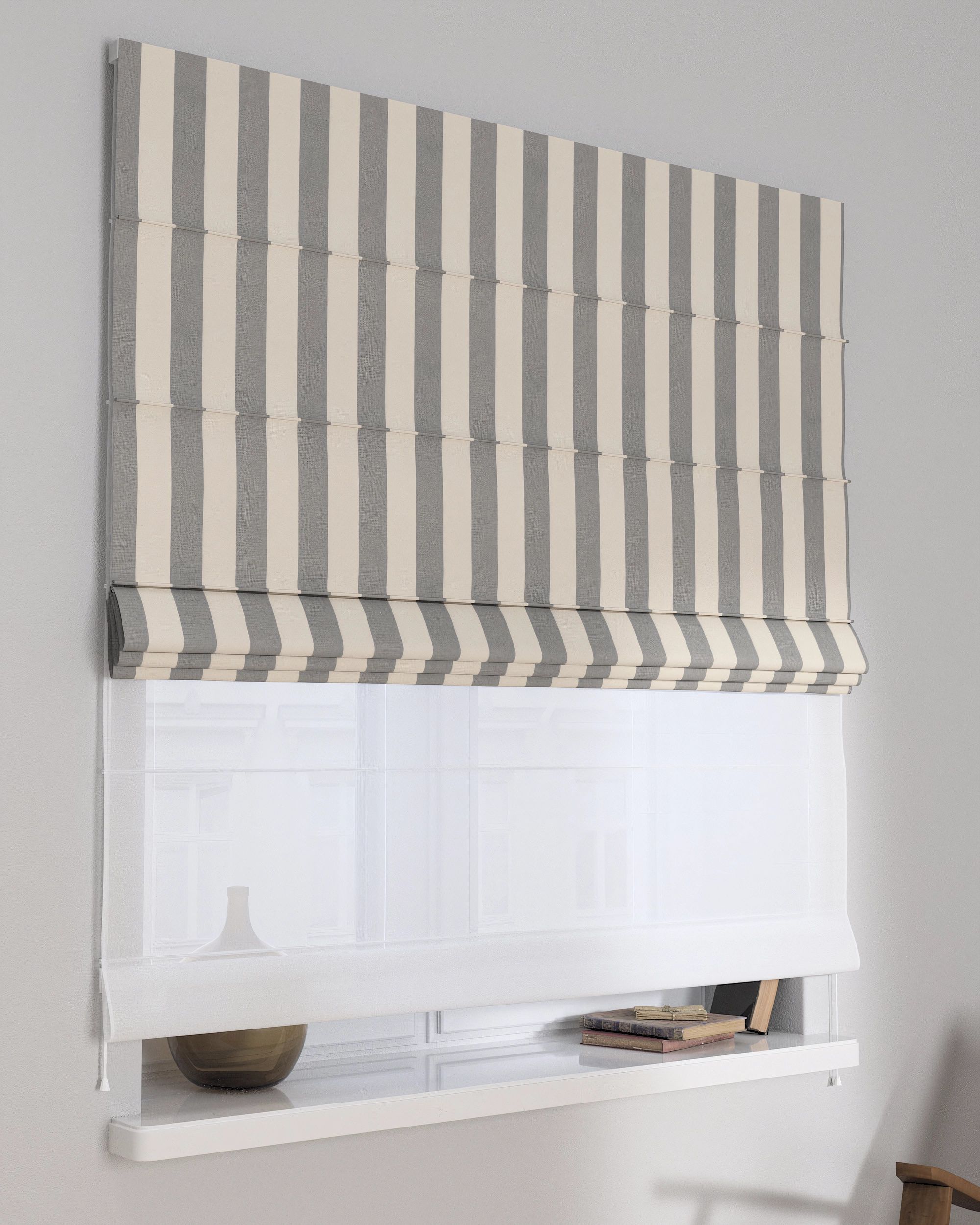 Double layered Roman blind DUO product colour grey fabric patterned