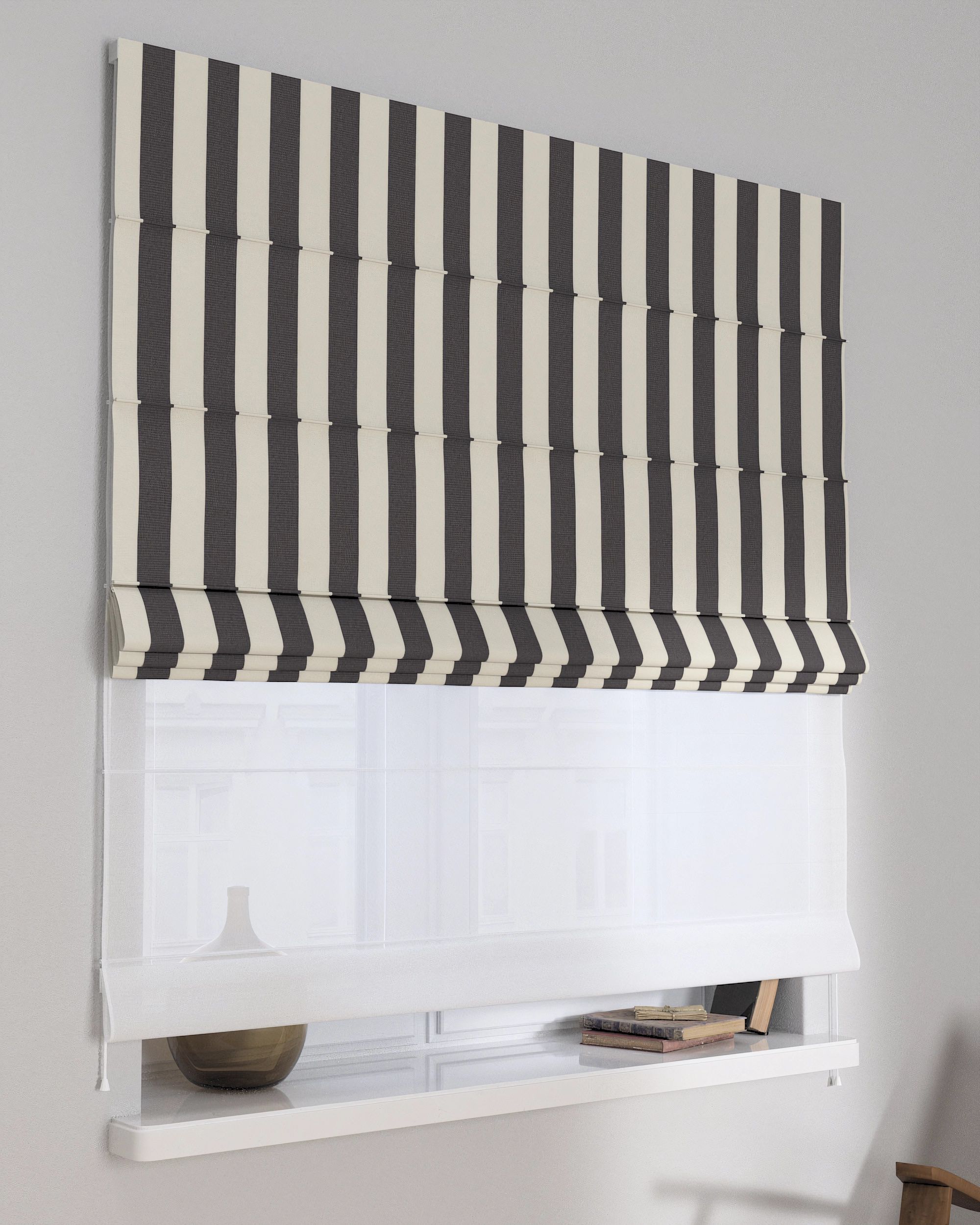Double layered Roman blind DUO product colour black fabric patterned