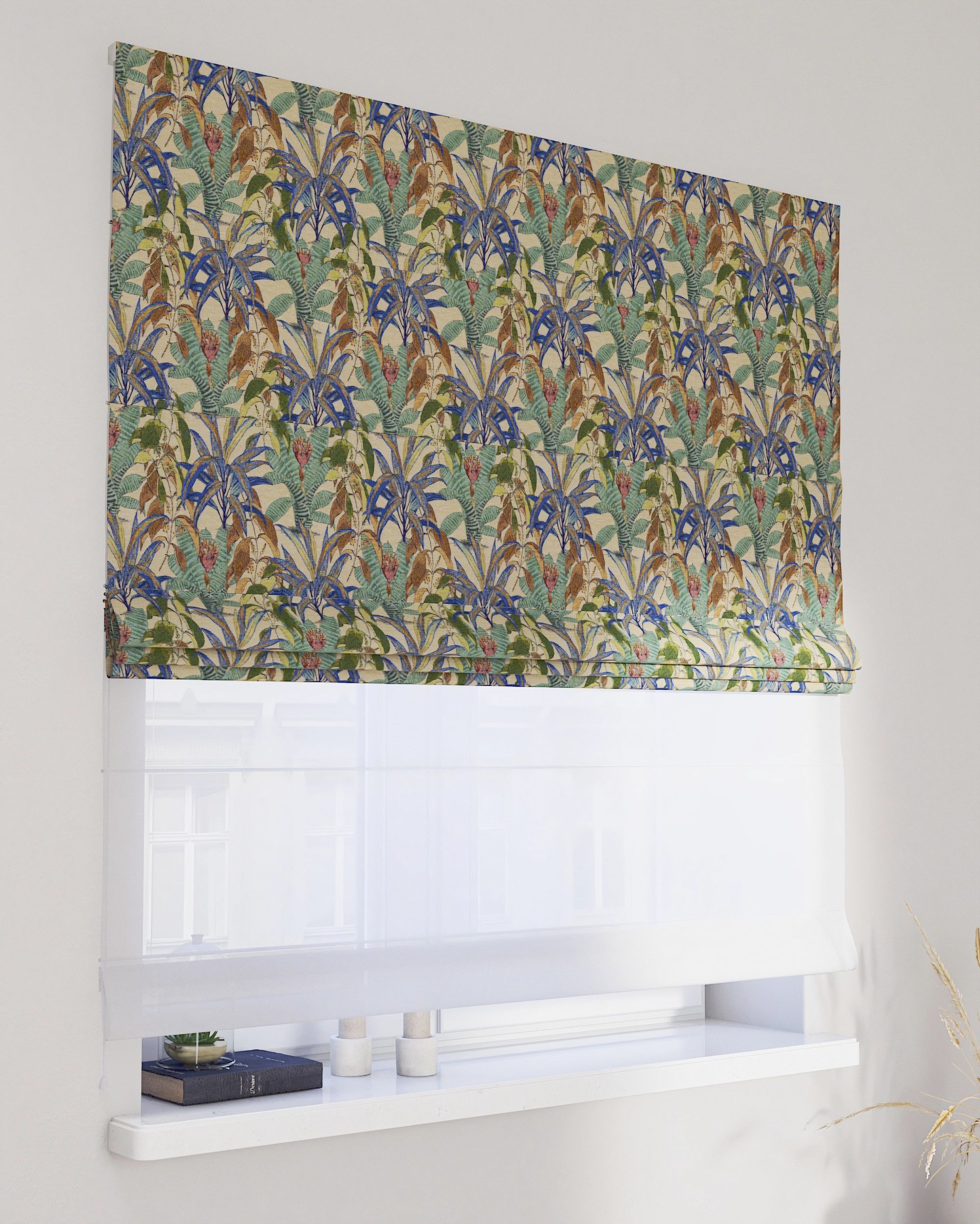 Double layered Roman blind DUO product colour multicolour fabric structured, patterned