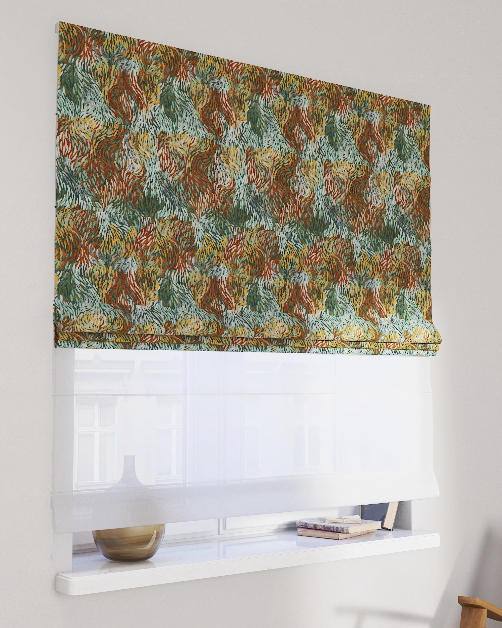 Double layered Roman blind DUO product colour multicolour fabric structured, patterned