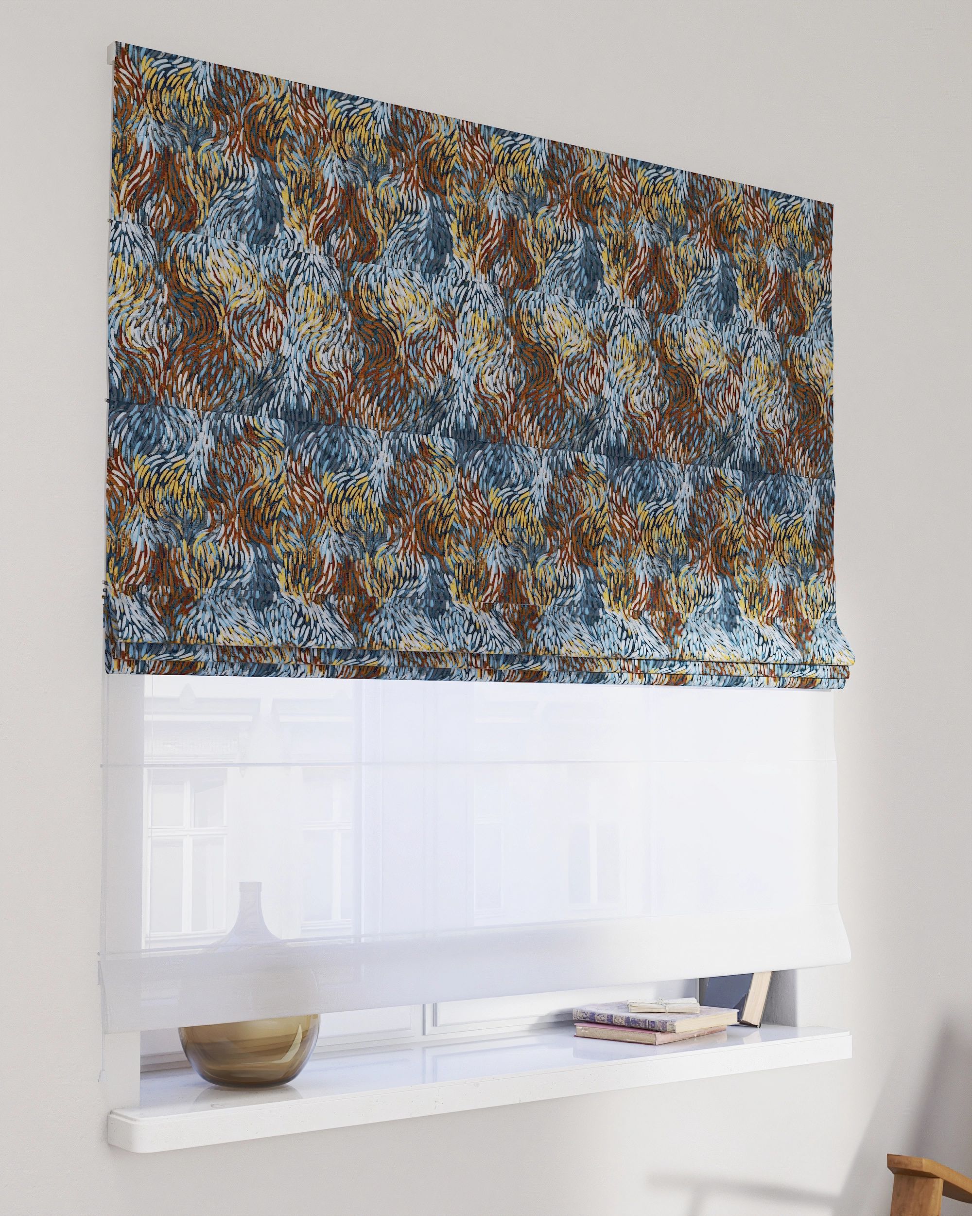 Double layered Roman blind DUO product colour multicolour fabric structured, patterned
