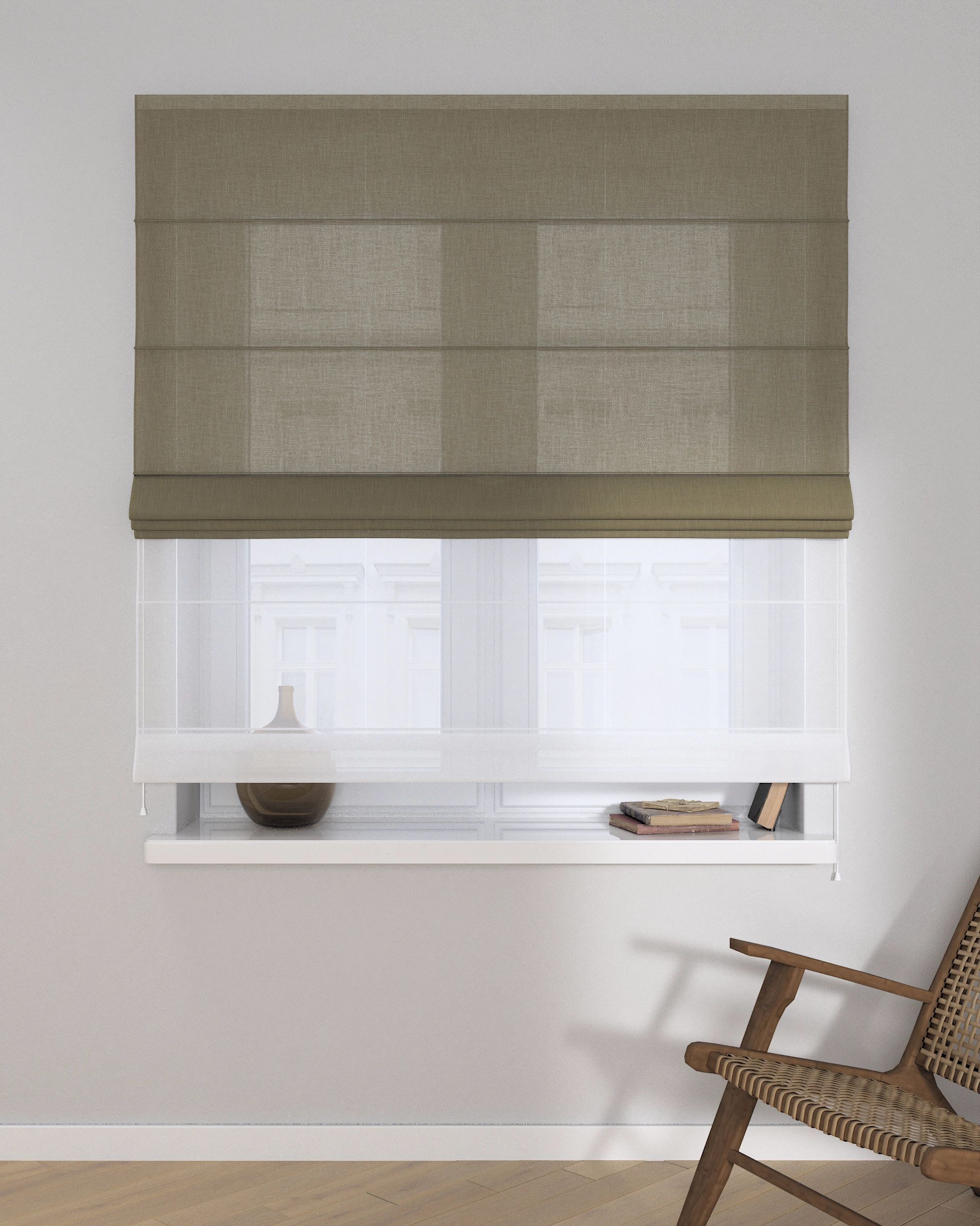 Double layered Roman blind DUO product colour brown fabric structured