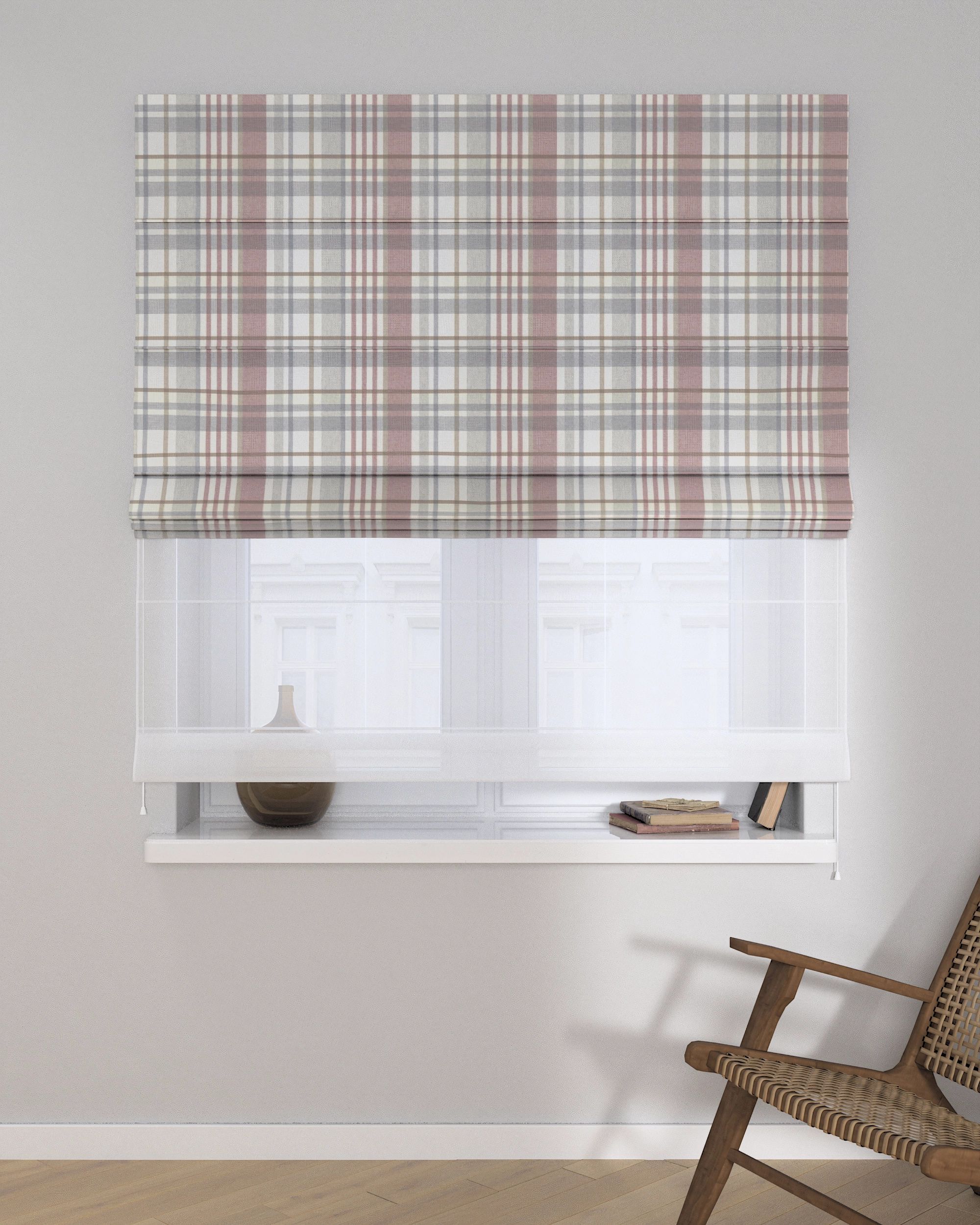 Double layered Roman blind DUO product colour grey fabric patterned