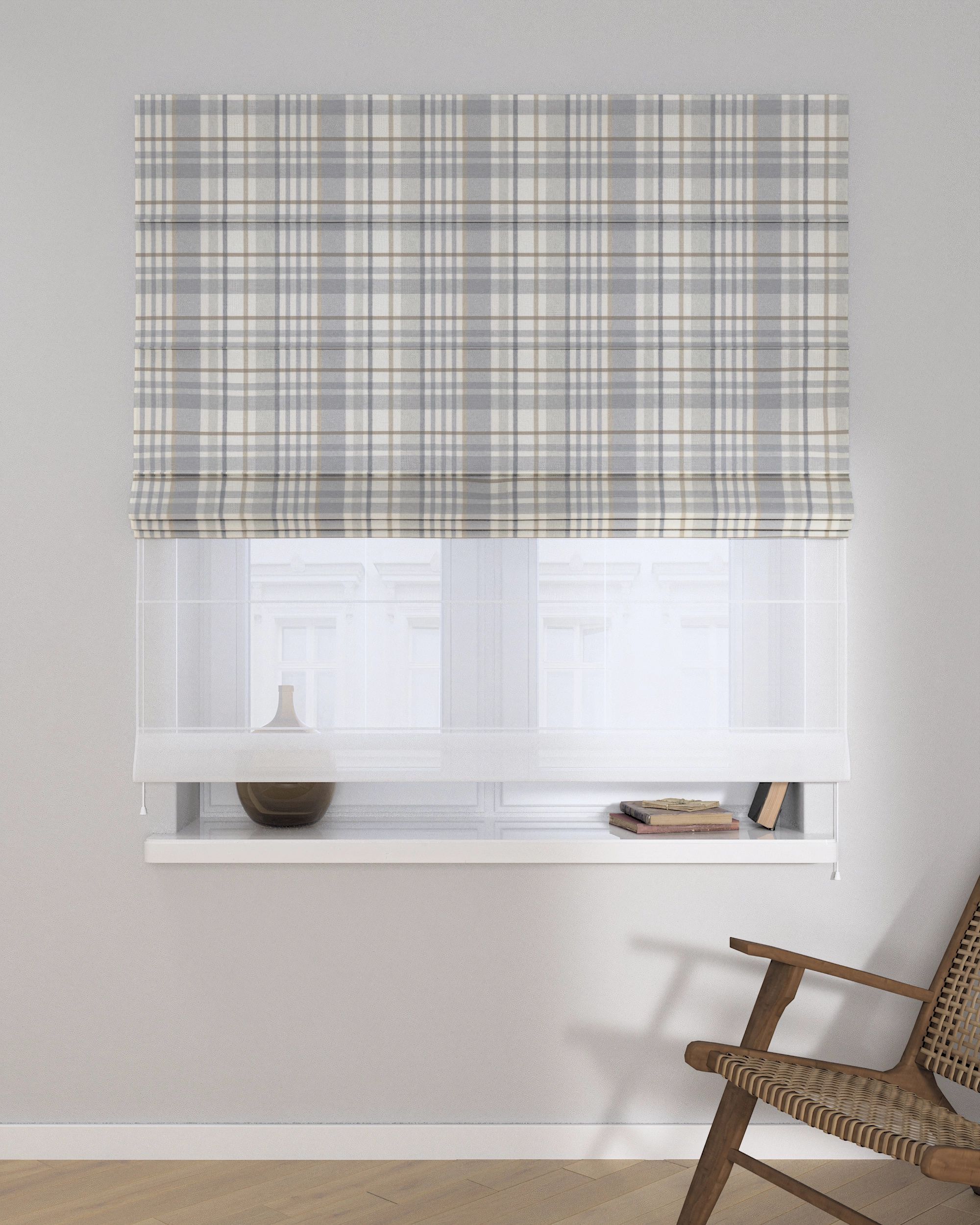 Double layered Roman blind DUO product colour grey fabric patterned