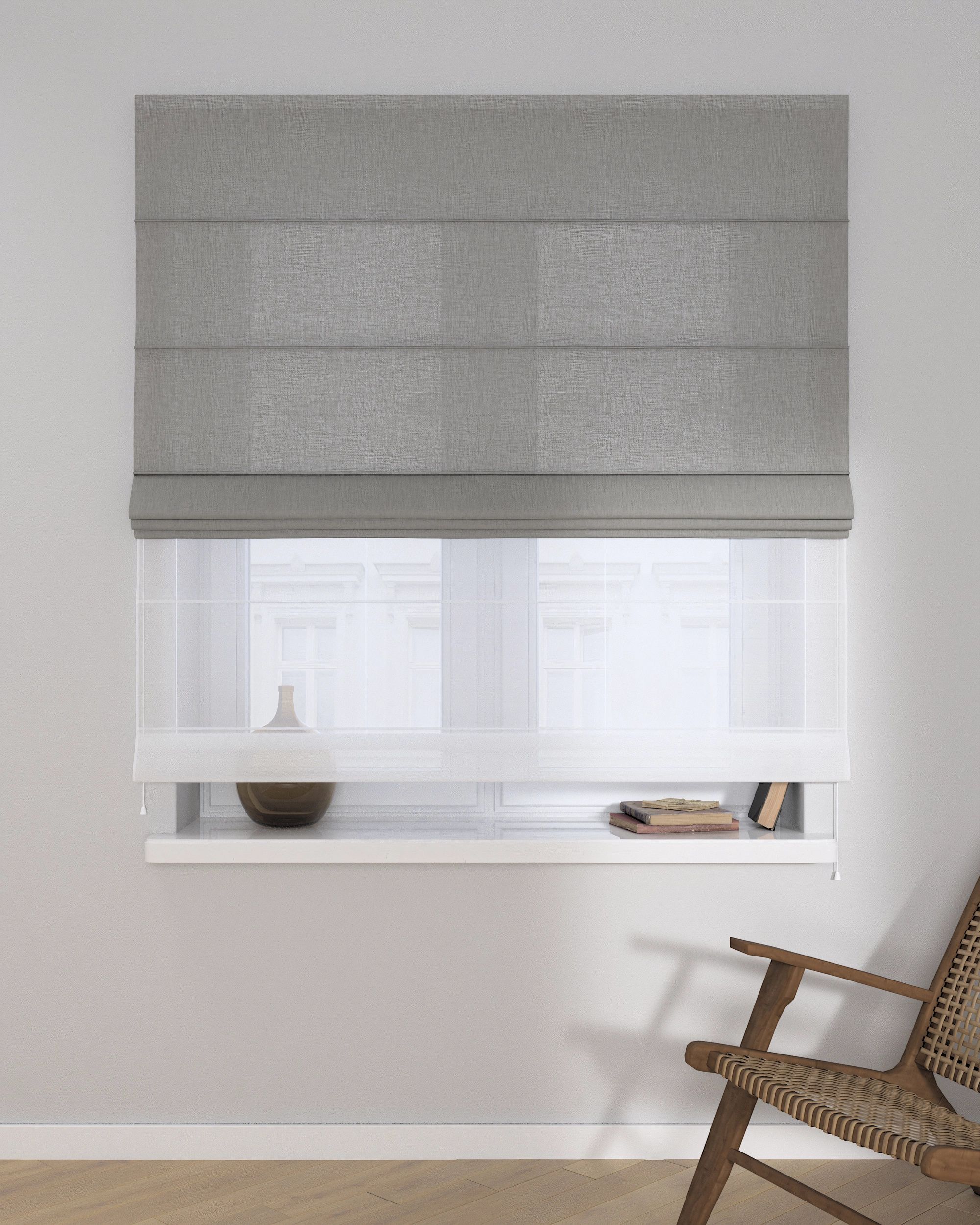 Double layered Roman blind DUO product colour grey fabric structured