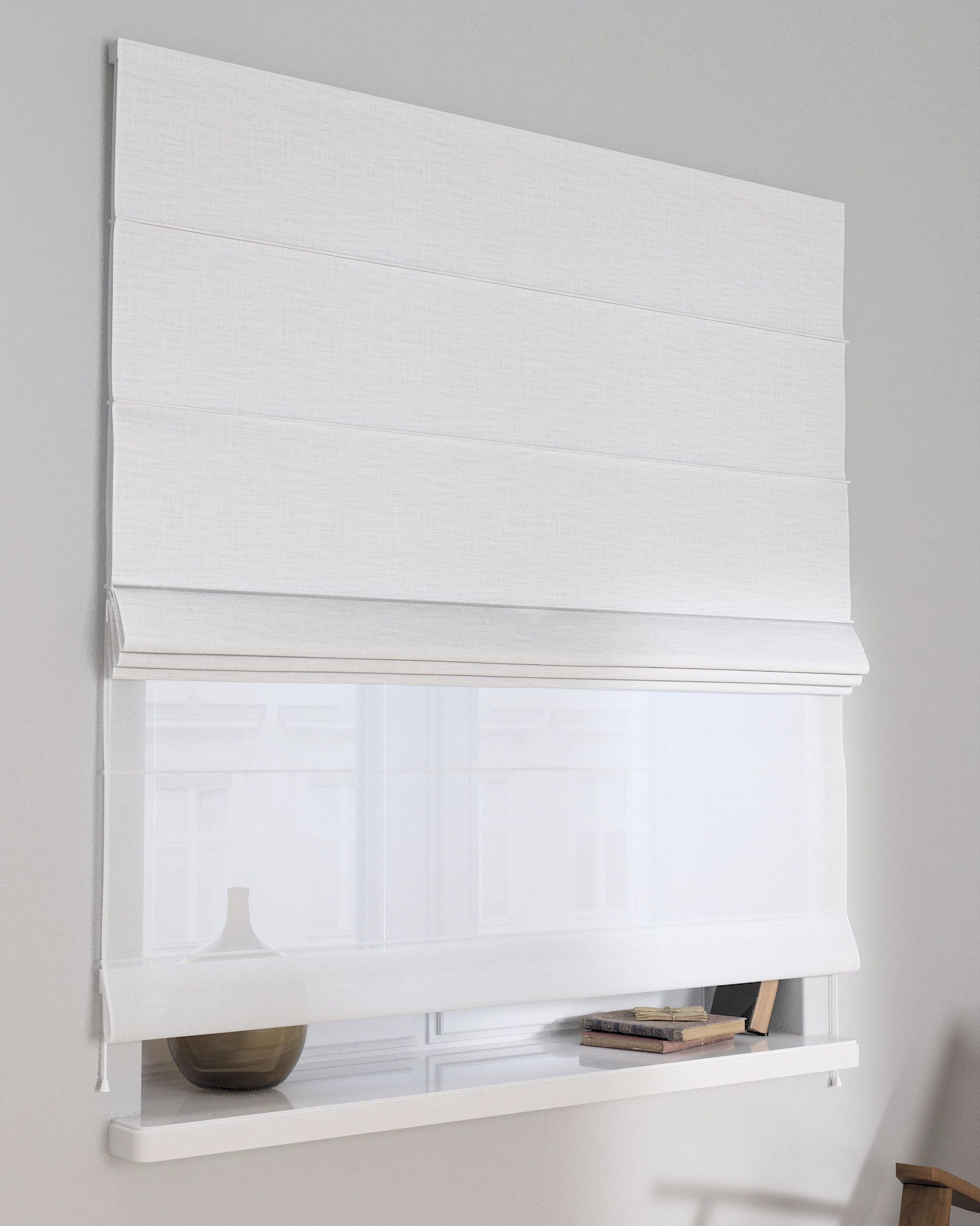 Double layered Roman blind DUO product colour white fabric structured