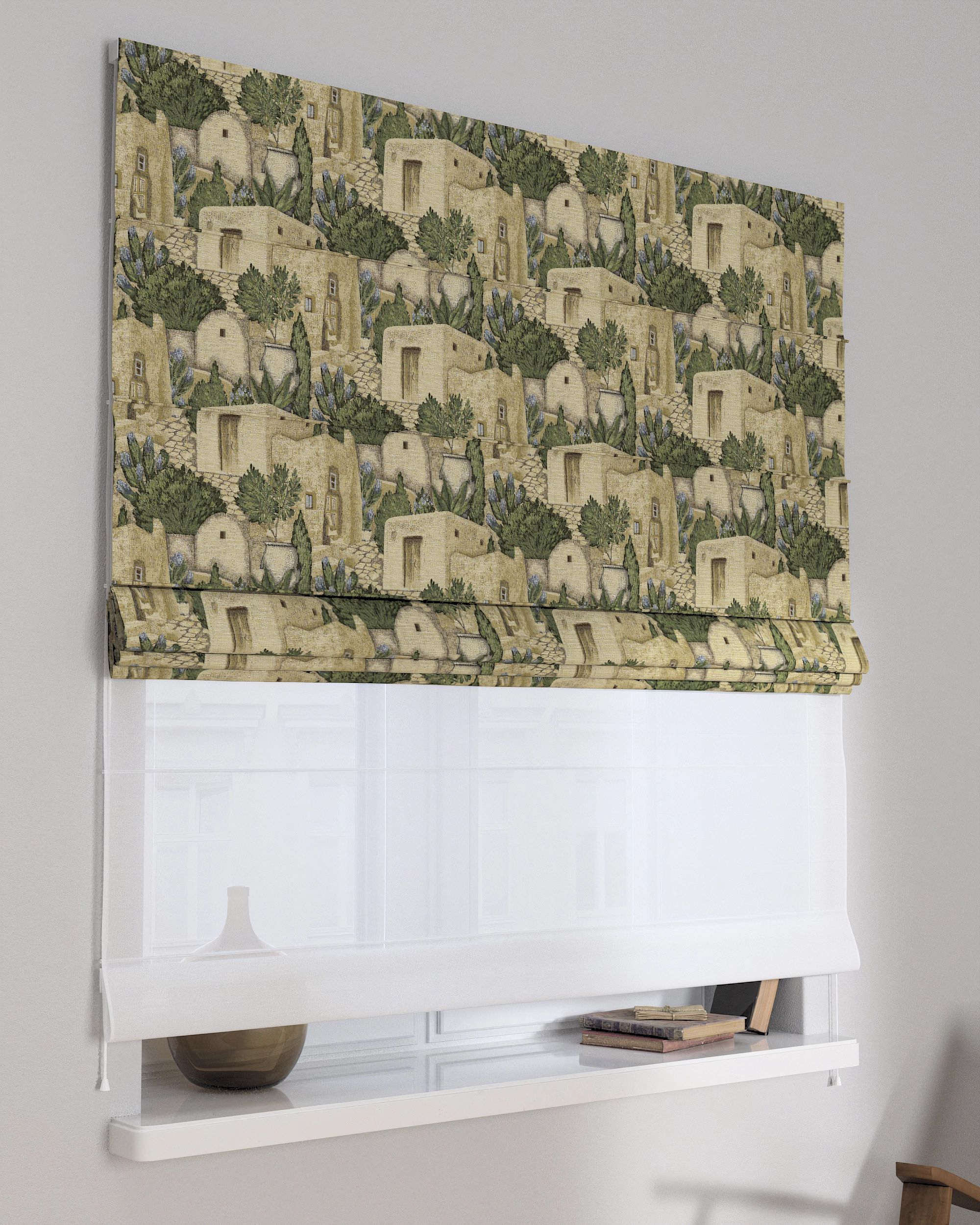 Double layered Roman blind DUO product colour beige fabric structured, patterned