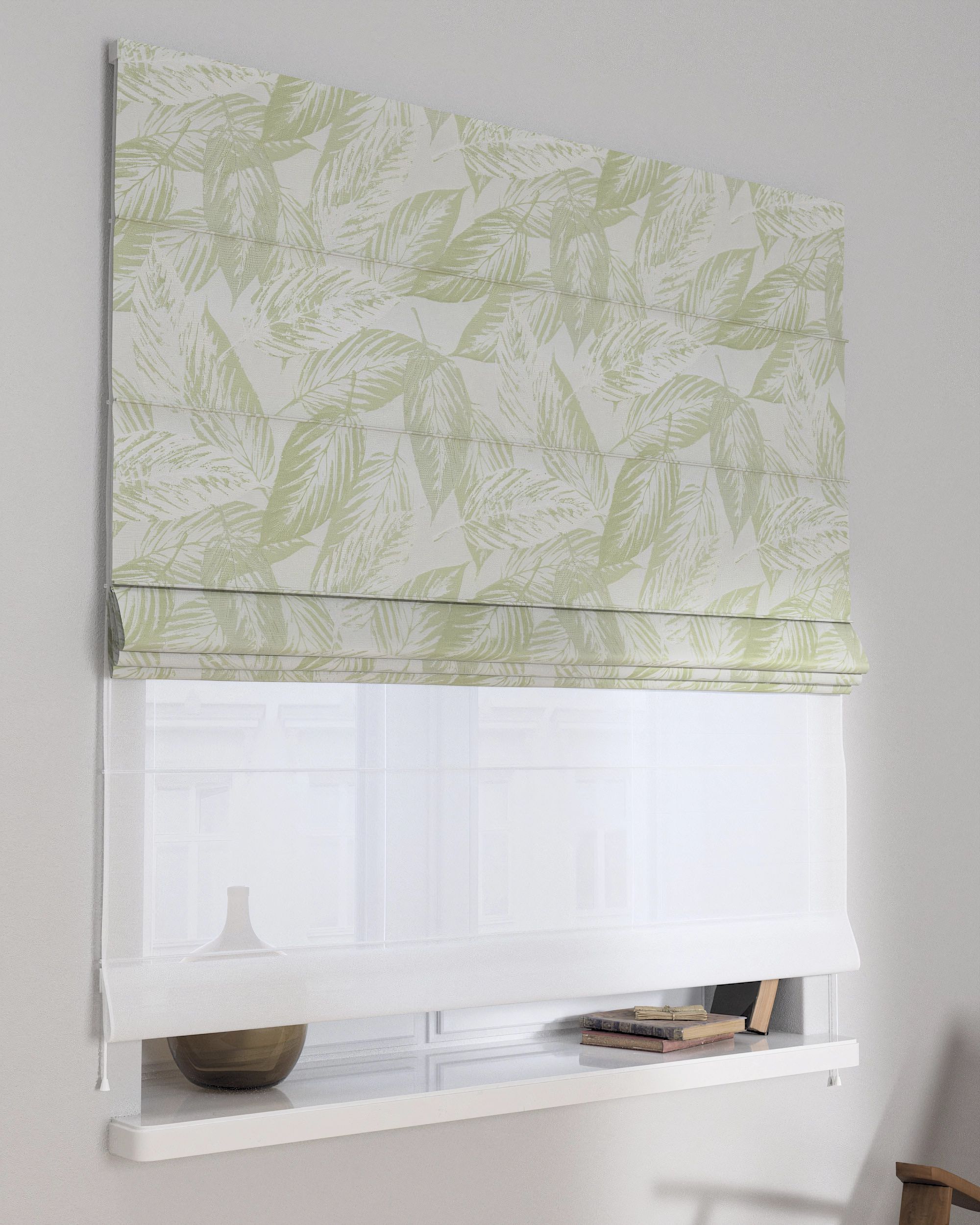 Double layered Roman blind DUO product colour green fabric gloss, structured, patterned